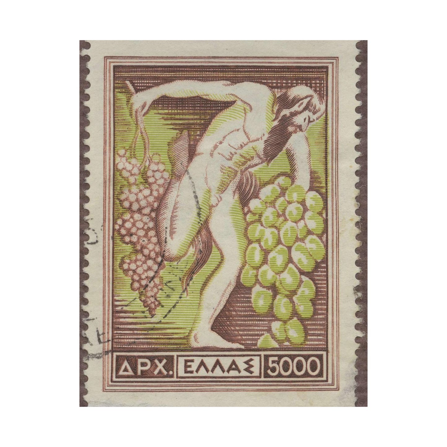 Frimärke ur Gösta Bodmans filatelistiska motivsamling, påbörjad 1950.Frimärke från Grekland, 1953. Motiv av Bacchus med vindruvsklasar. High Quality Matte Wall Art Poster for Home, Office, Classroom