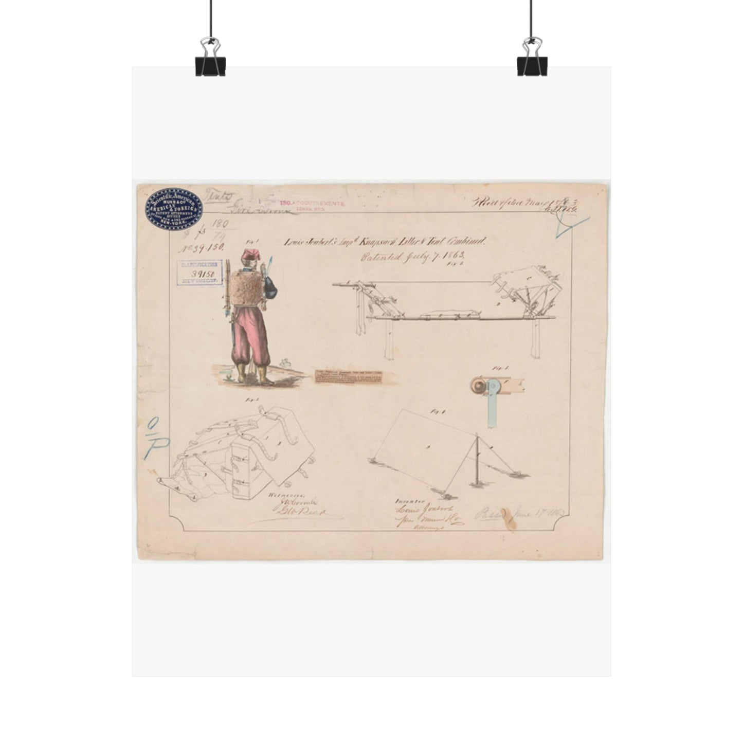 Patent drawing - Drawing of Improved Knapsack, Litter and Tent Combined Public domain image High Quality Matte Wall Art Poster for Home, Office, Classroom