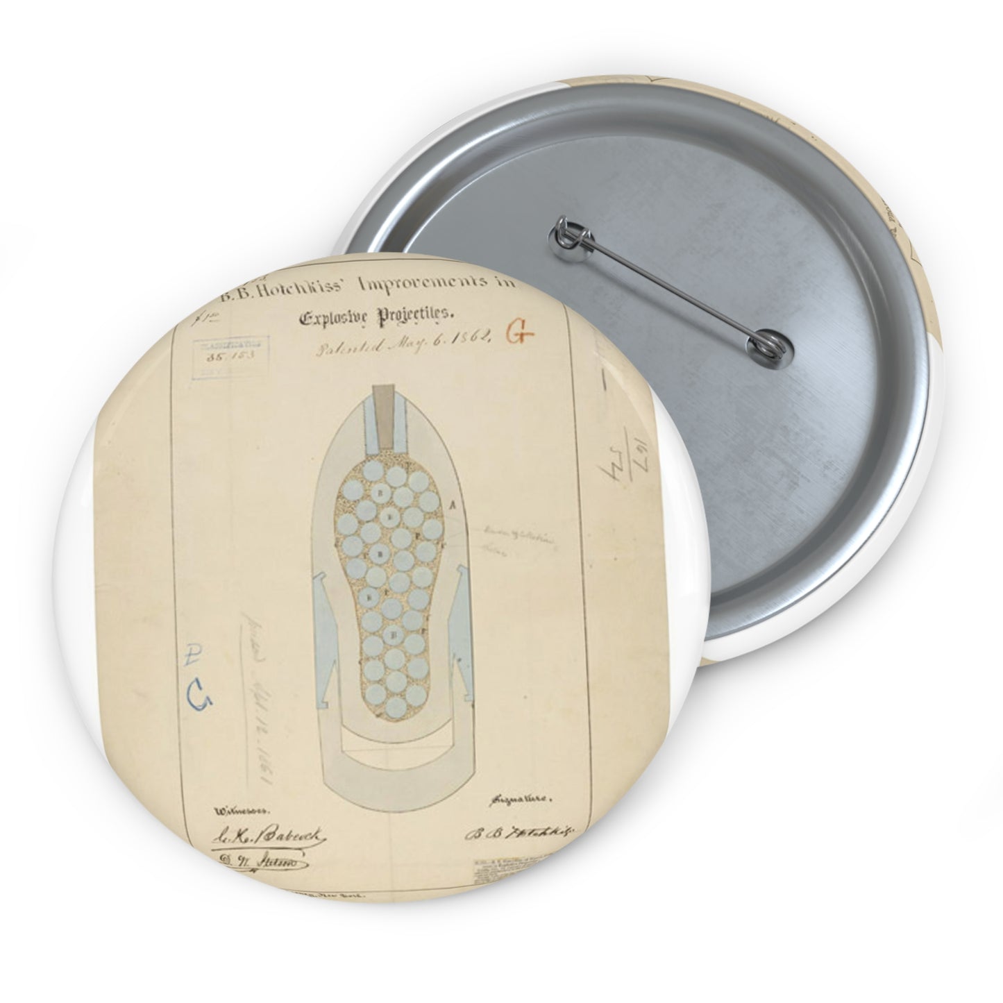Patent drawing - Drawing of Improvements in Explosive Projectiles Public domain image Pin Buttons with Crisp Design