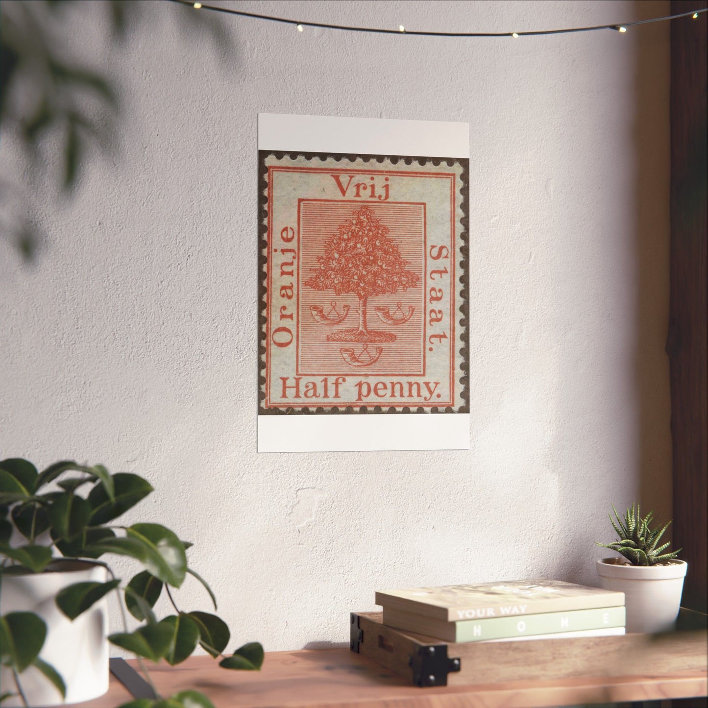 Frimärke ur Gösta Bodmans filatelistiska motivsamling, påbörjad 1950.Frimärke från Oranje -Fristaten. Motiv av apelsinträd med frukter och posthorn. High Quality Matte Wall Art Poster for Home, Office, Classroom