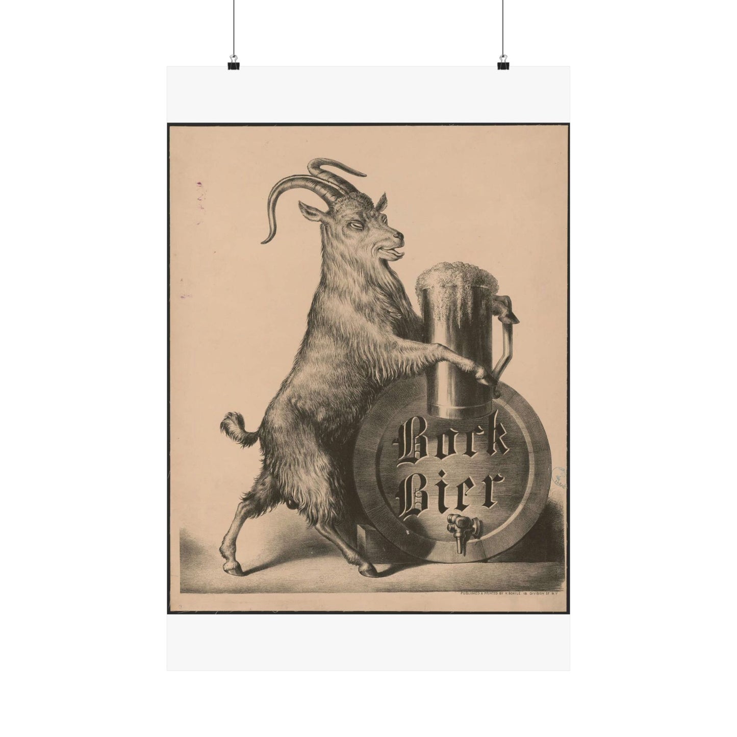 Bock Bier goat on hind legs, holding large mug of beer with front hooves High Quality Matte Wall Art Poster for Home, Office, Classroom