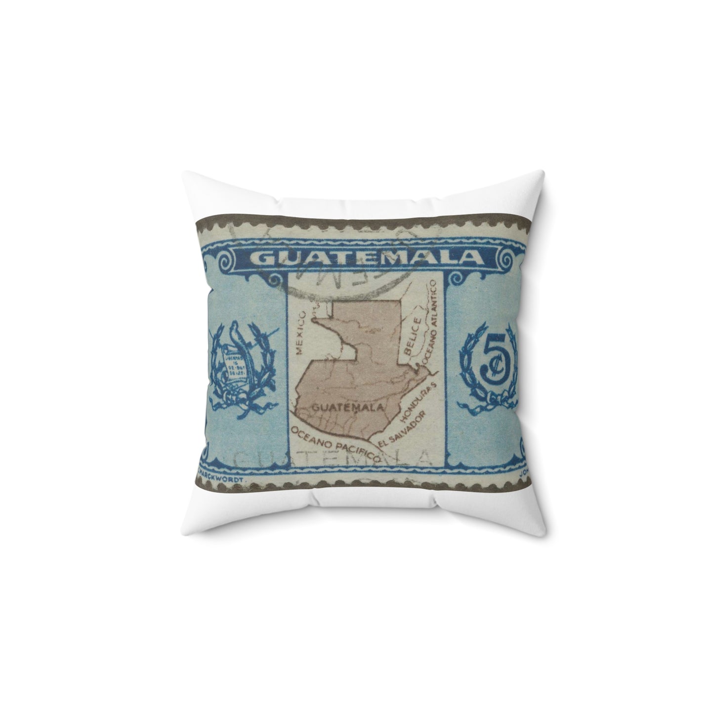 Frimärke ur Gösta Bodmans filatelistiska motivsamling, påbörjad 1950.Frimärke från Guatemala, 1939. Motiv av karta över Guatemala. Decorative Accent Square Pillow