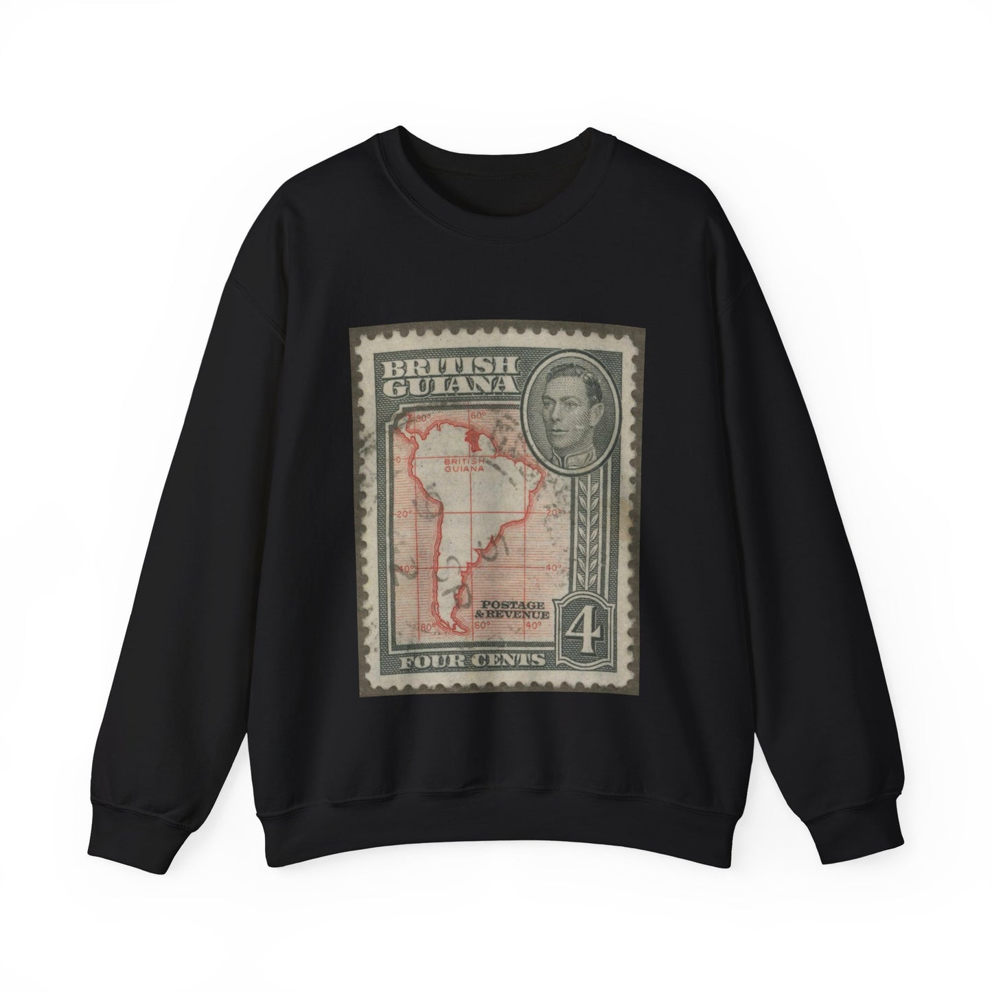 Frimärke ur Gösta Bodmans filatelistiska motivsamling, påbörjad 1950.Frimärke från Brittiska Guiana, 1938. Motiv av Sydamerikas karta med Brittiska Guiana. Black Heavy Blend Adult Crew Neck SweatShirt