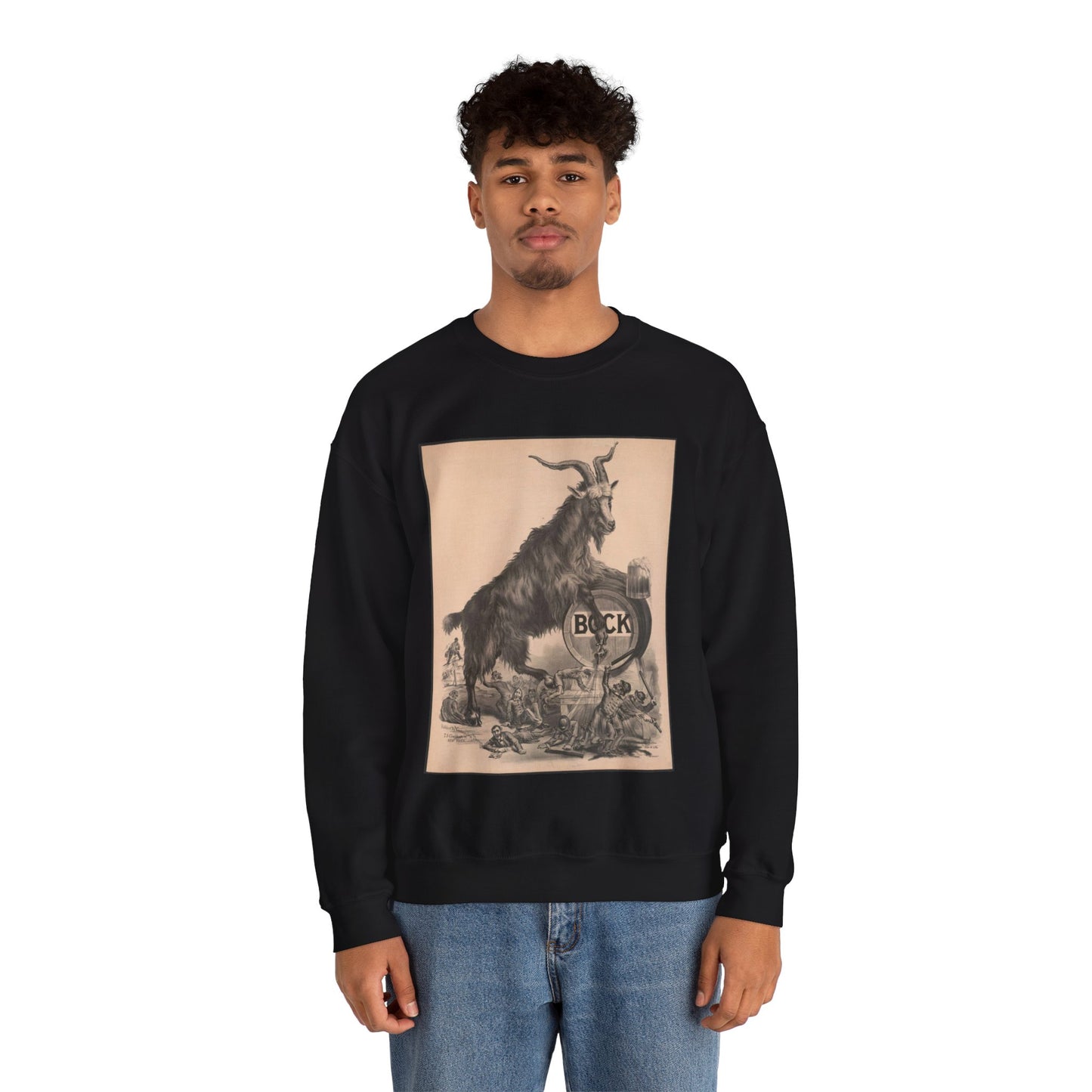 Giant bock goat resting on a keg, holding a mug of beer, men under the goat scrambling Black Heavy Blend Adult Crew Neck SweatShirt
