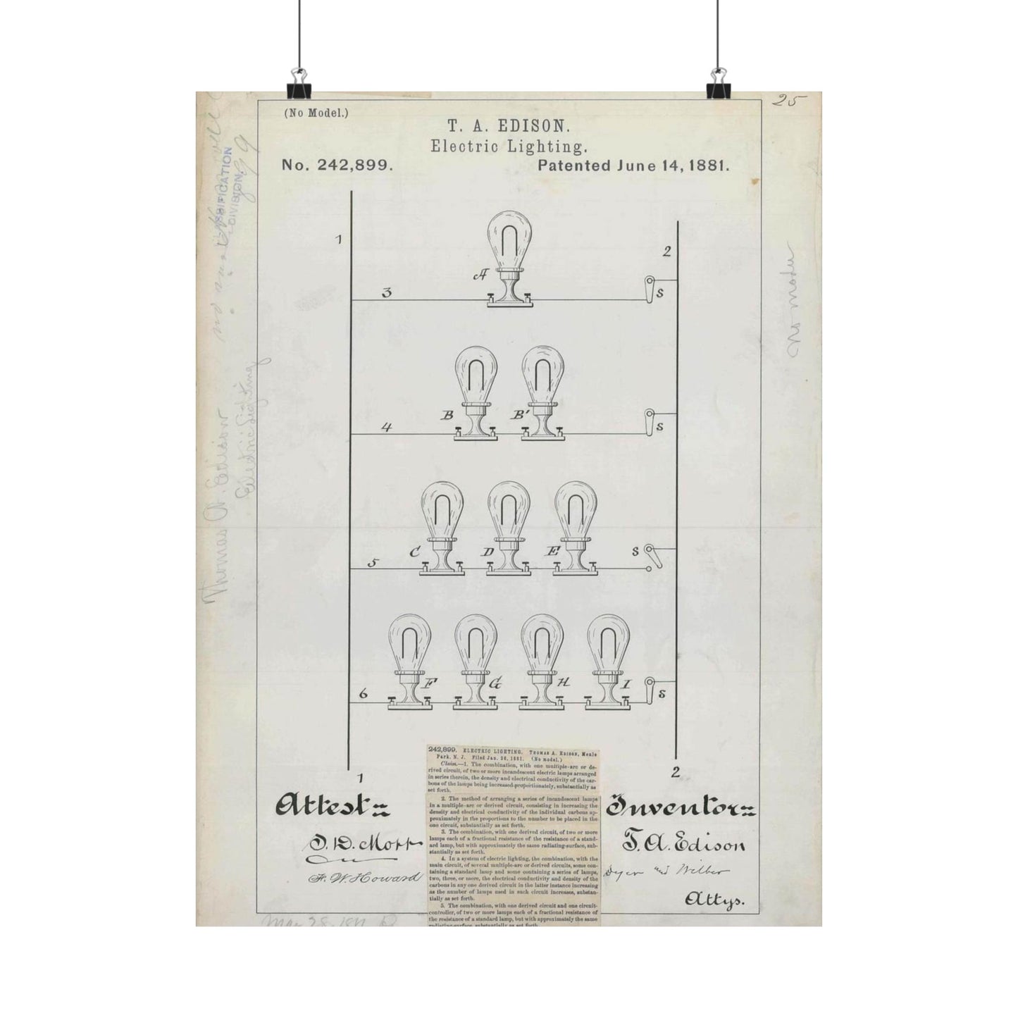 Patent drawing - for T. A. Edison's Electric Lighting Public domain image High Quality Matte Wall Art Poster for Home, Office, Classroom