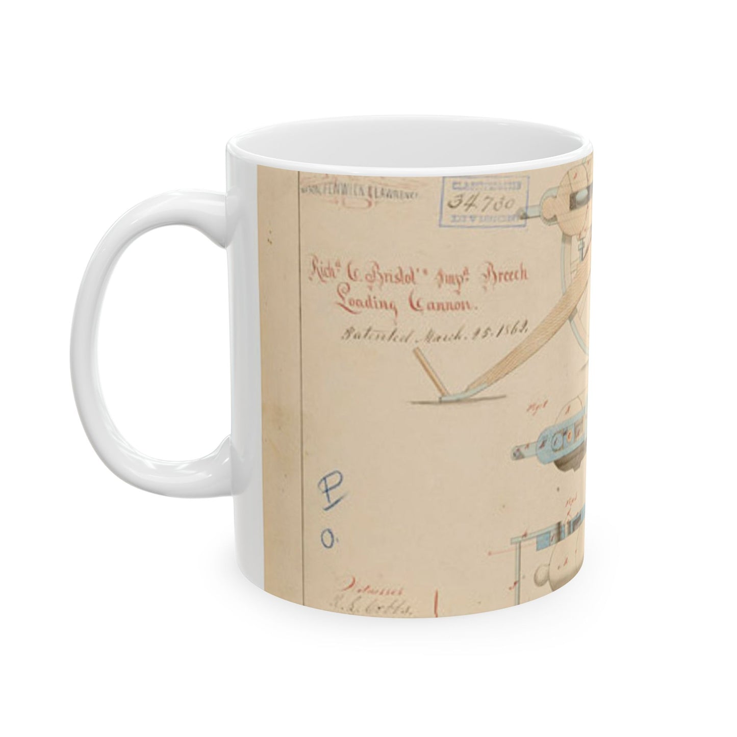 Patent drawing - Drawing of Improved Breech Loading Cannon Public domain image Beautiful Novelty Ceramic Coffee Mug 11oz