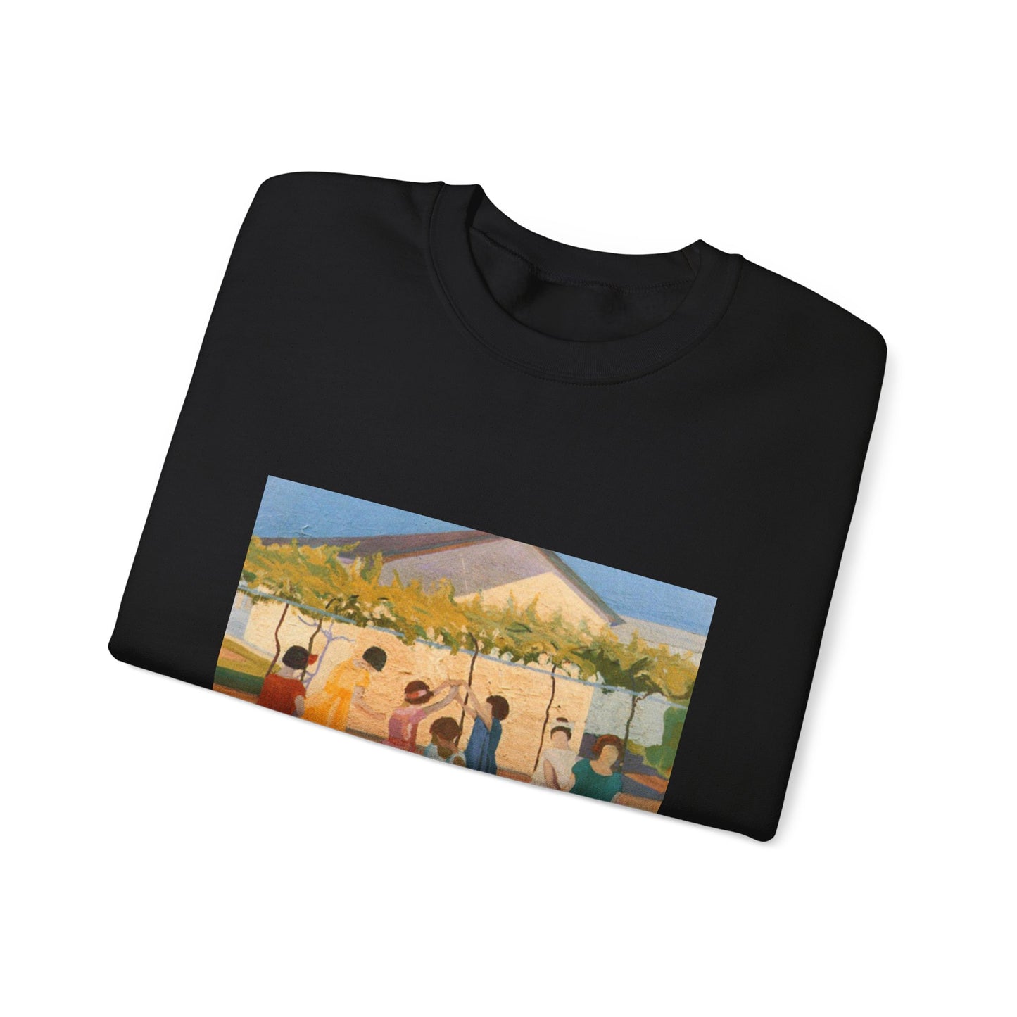 Petrona Viera - A painting of a group of children playing with a kite Black Heavy Blend Adult Crew Neck SweatShirt