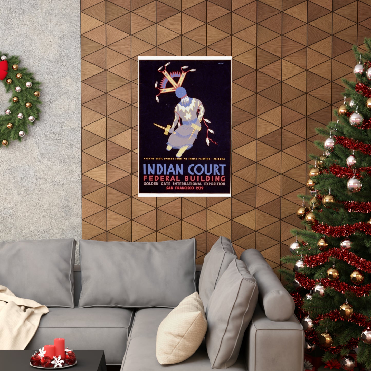 Indian court, Federal Building, Golden Gate International Exposition, San Francisco, 1939 Apache devil dancer from an Indian painting, Arizona / / Siegriest. High Quality Matte Wall Art Poster for Home, Office, Classroom