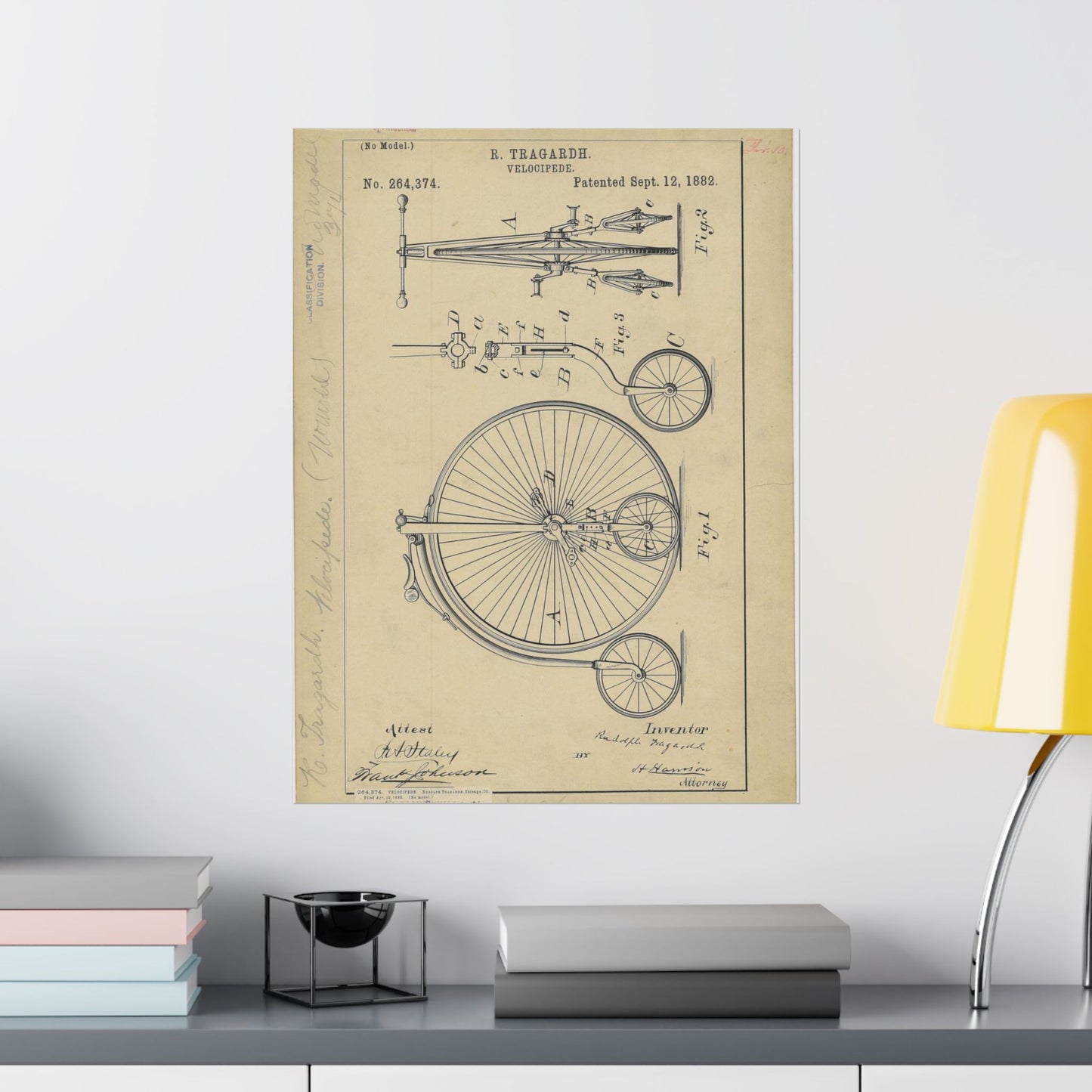 Patent drawing - Drawing of a Velocipede Public domain image High Quality Matte Wall Art Poster for Home, Office, Classroom