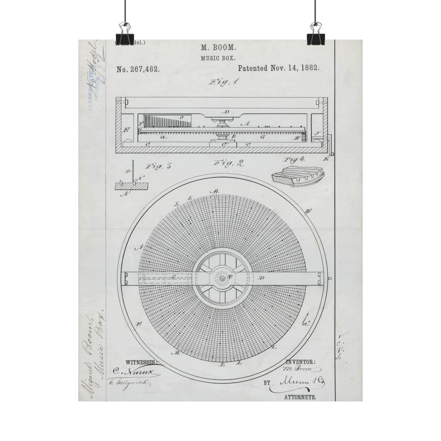 Patent Drawing of Engine - for M. Boom's Music Box Public domain image High Quality Matte Wall Art Poster for Home, Office, Classroom