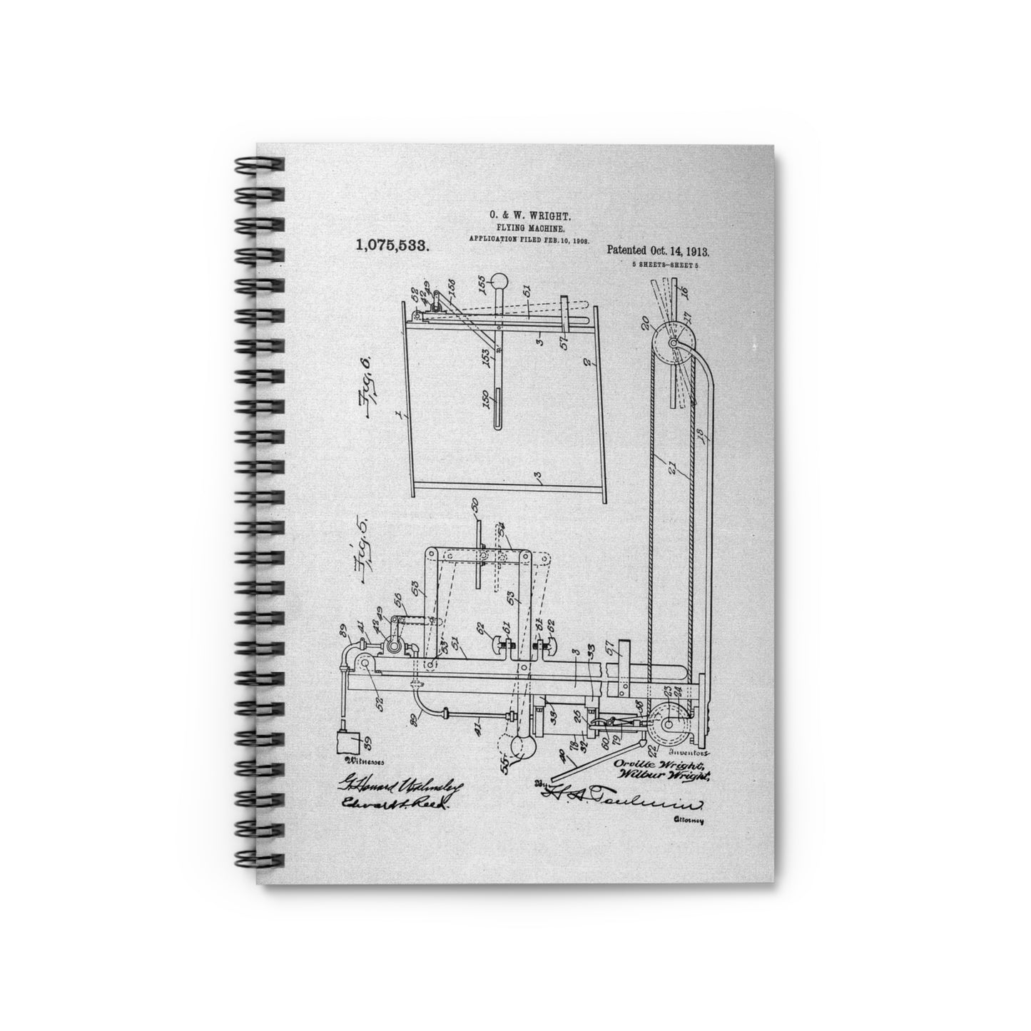 Patent drawing - Subject File: Patents--By Wright Brothers--USA--filed 10 February 1908, patented 14 October 1913 Public domain image Spiral Bound Ruled Notebook with Printed Cover