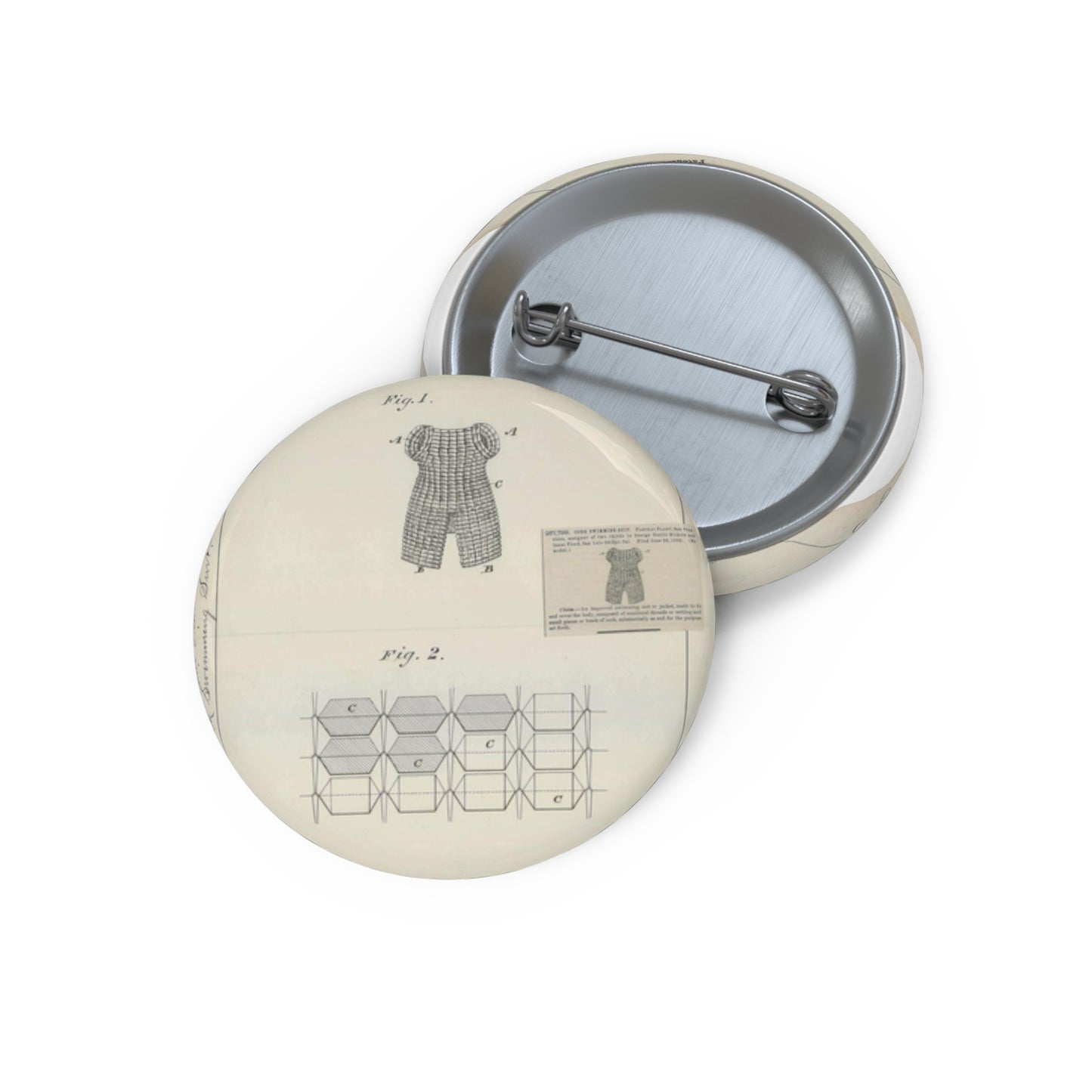 Patent drawing - for P. Plant's Cork Swimming Suit Public domain image Pin Buttons with Crisp Design