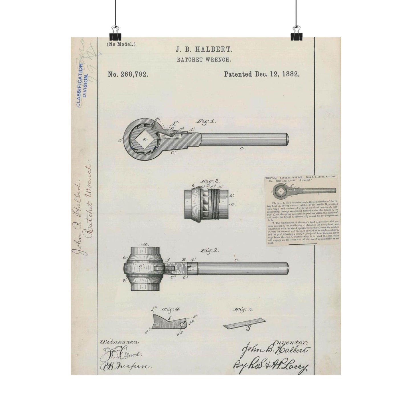 Patent Drawing of Engine - for J. B. Halbert's Ratchet Wrench Public domain image High Quality Matte Wall Art Poster for Home, Office, Classroom