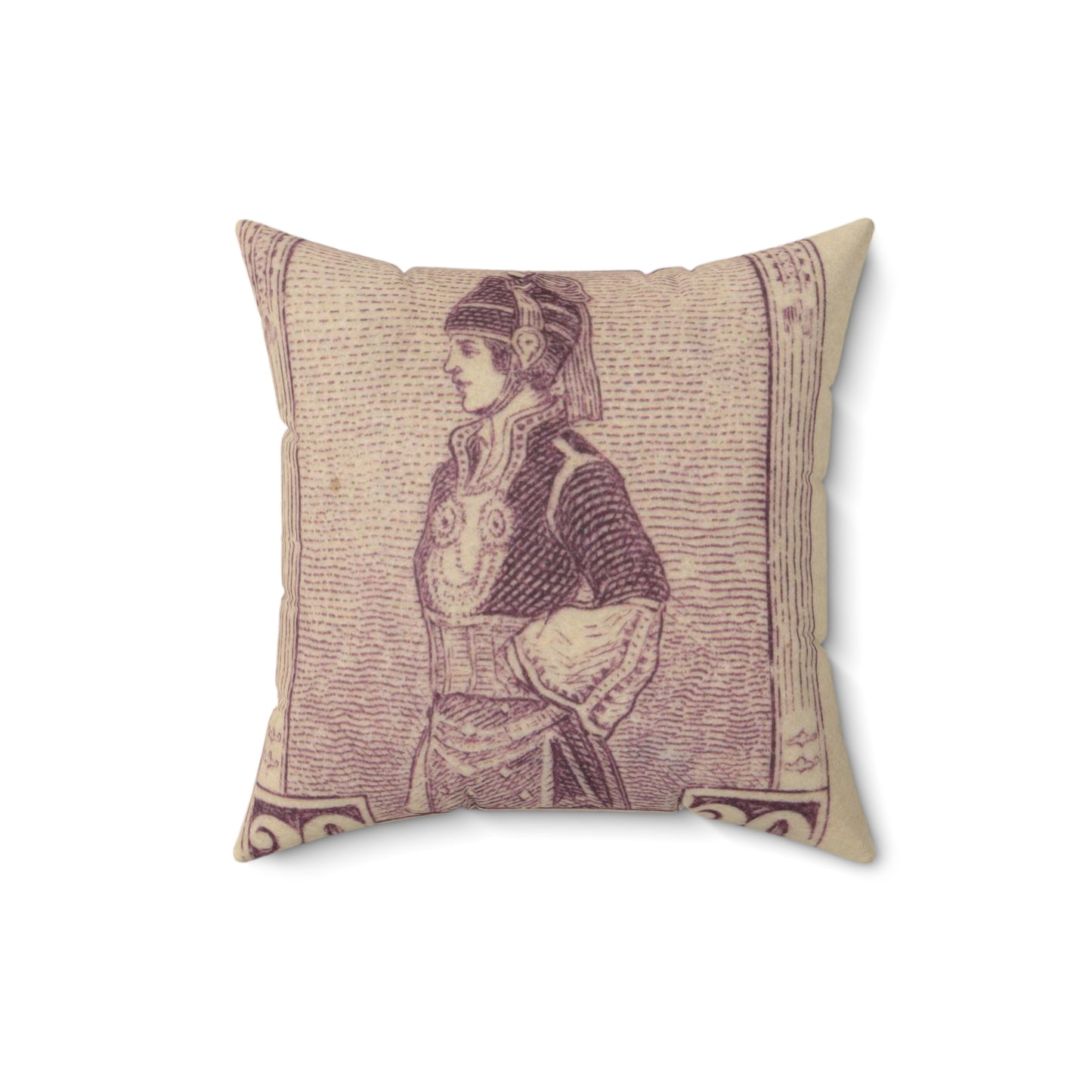 Frimärke ur Gösta Bodmans filatelistiska motivsamling, påbörjad 1950.Frimärke från GRekland, 1927. Motiv av Mecedonisk dräkt. Decorative Accent Square Pillow