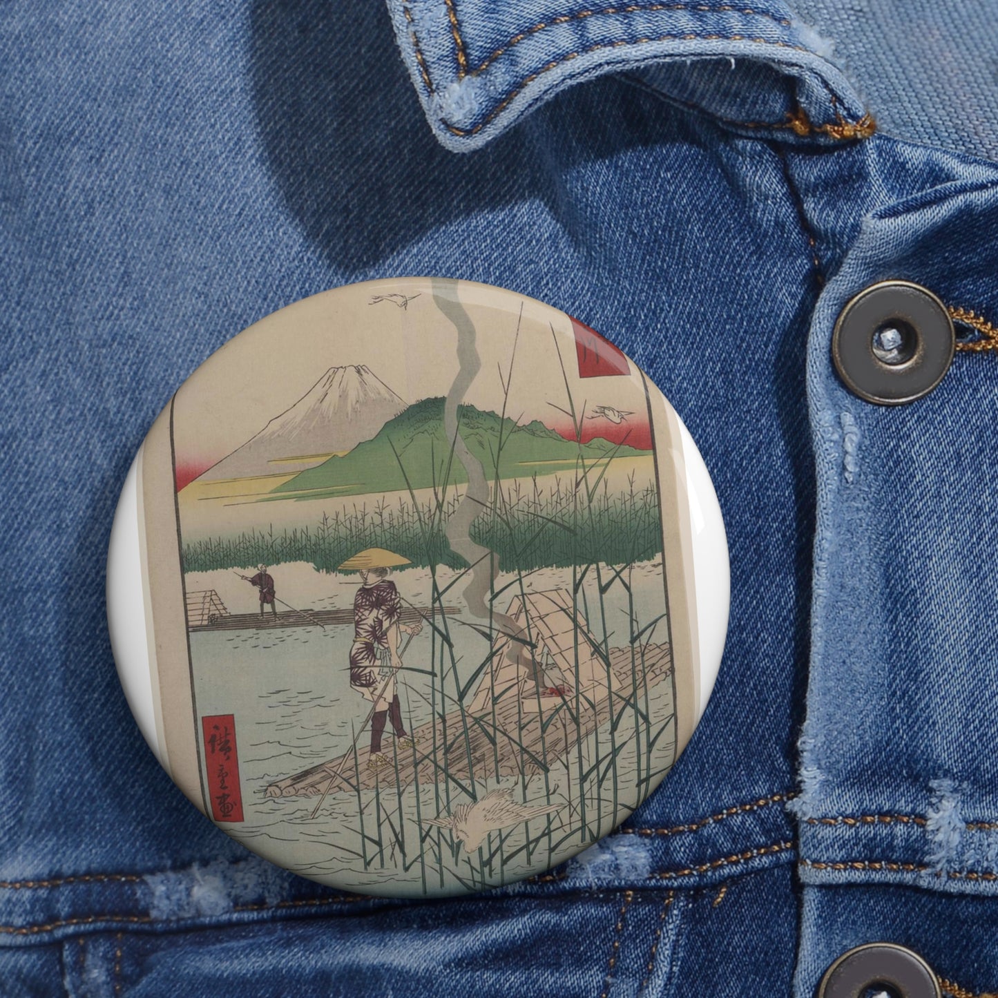 18 - The Sagami River - A painting of a man standing on a boat in a body of water Pin Buttons with Crisp Design