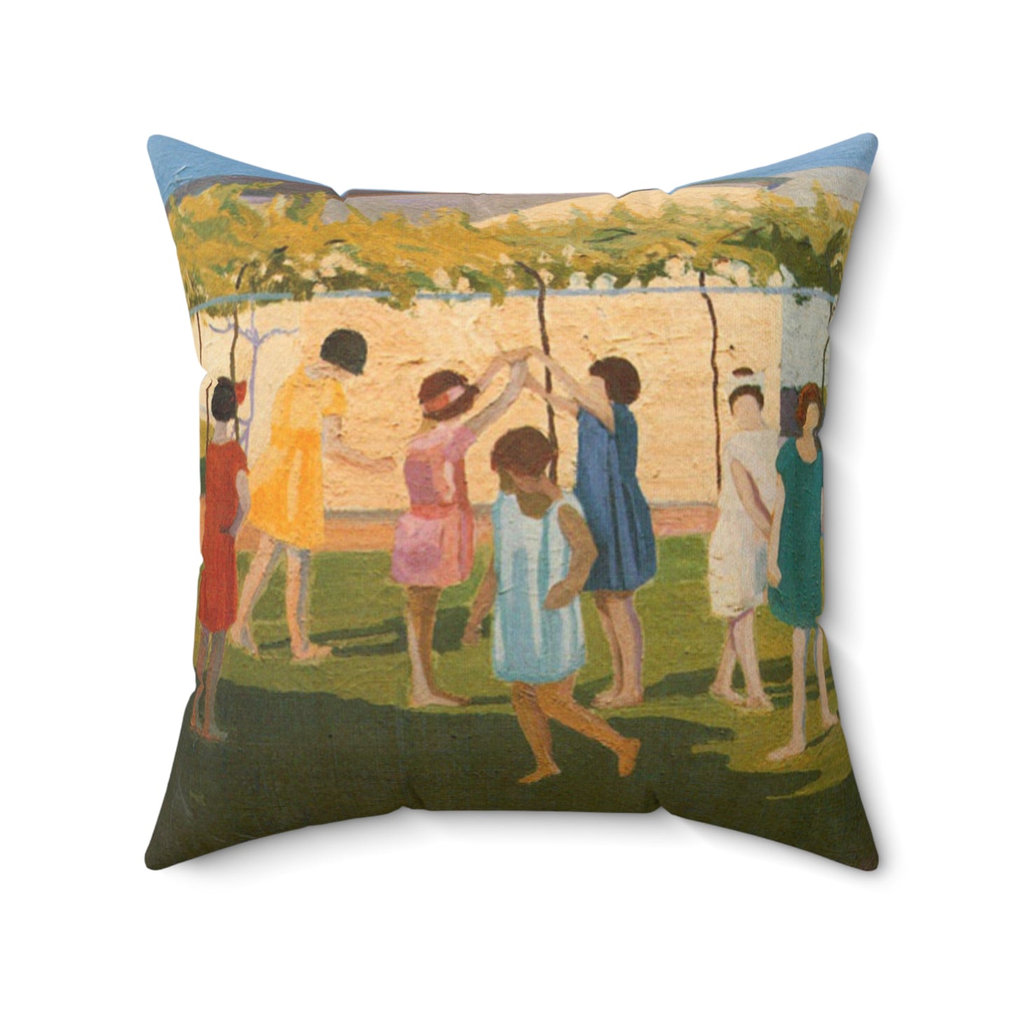 Petrona Viera - A painting of a group of children playing with a kite Decorative Accent Square Pillow
