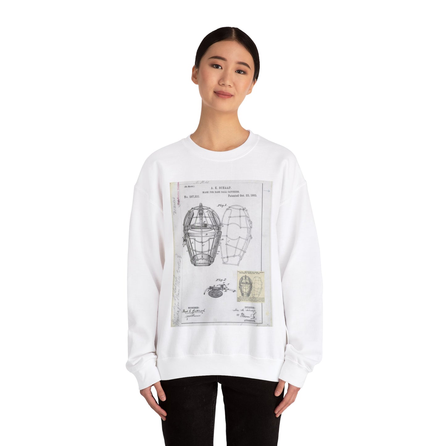 Patent drawing - Drawing of a "Mask for Base Ball Catchers" Public domain image White Heavy Blend Adult Crew Neck SweatShirt