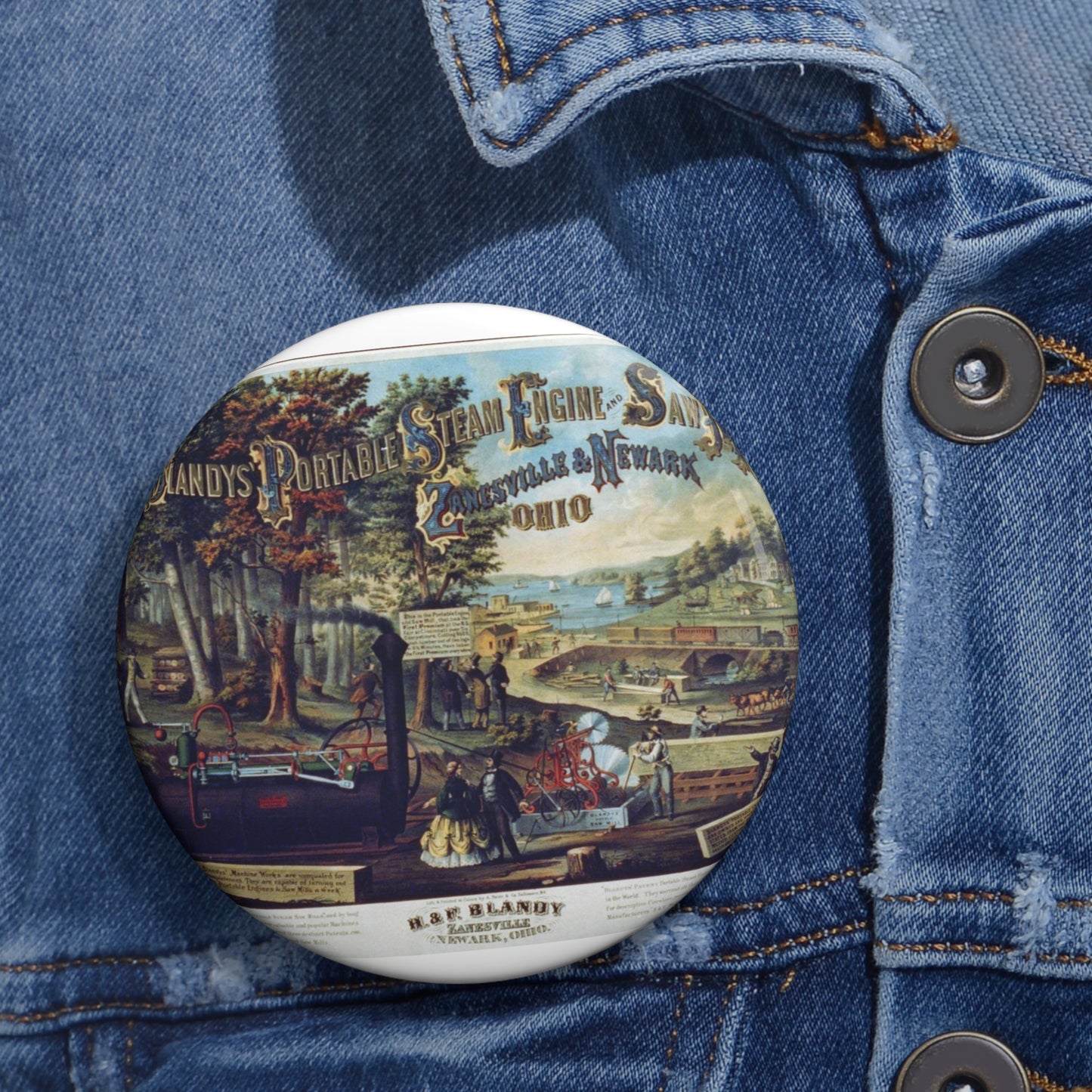 Blandy's portable steam engine and saw mills, Zanesville & Newark Ohio Pin Buttons with Crisp Design
