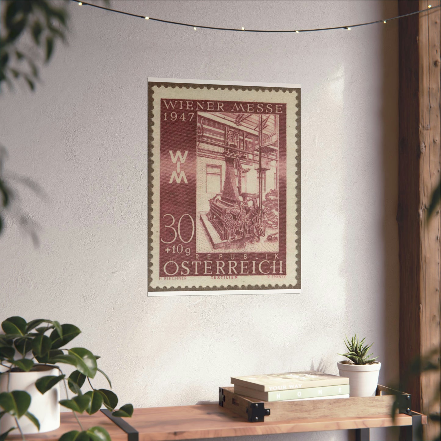 Frimärke ur Gösta Bodmans filatelistiska motivsamling, påbörjad 1950.Frimärke från Österrike, 1947. Motiv av jacquardvävstol i Österrike 1947. "Wienermässan 1947" High Quality Matte Wall Art Poster for Home, Office, Classroom
