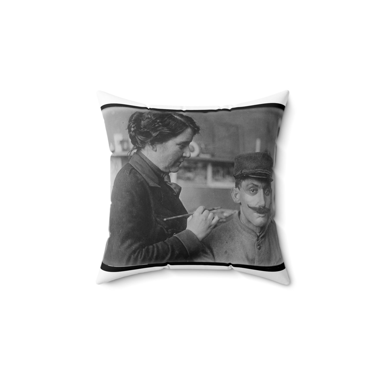 Mrs. Anna Coleman Ladd and Mr Caudron. Mrs. A. Coleman Ladd working on portrait mask Decorative Accent Square Pillow