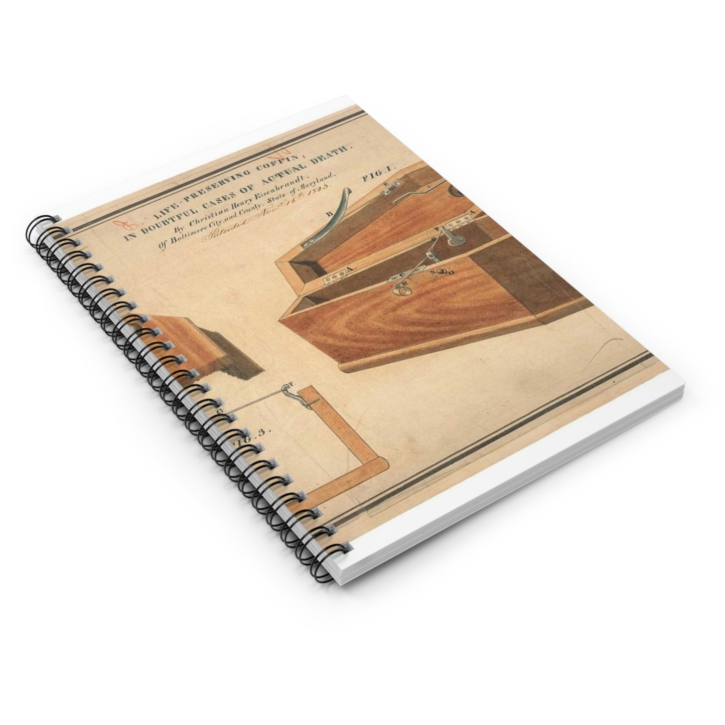 Patent drawing - Drawing for a Life - Preserving Coffin Public domain image Spiral Bound Ruled Notebook with Printed Cover