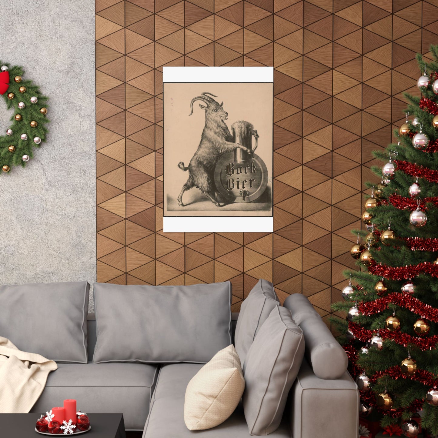 Bock Bier goat on hind legs, holding large mug of beer with front hooves High Quality Matte Wall Art Poster for Home, Office, Classroom