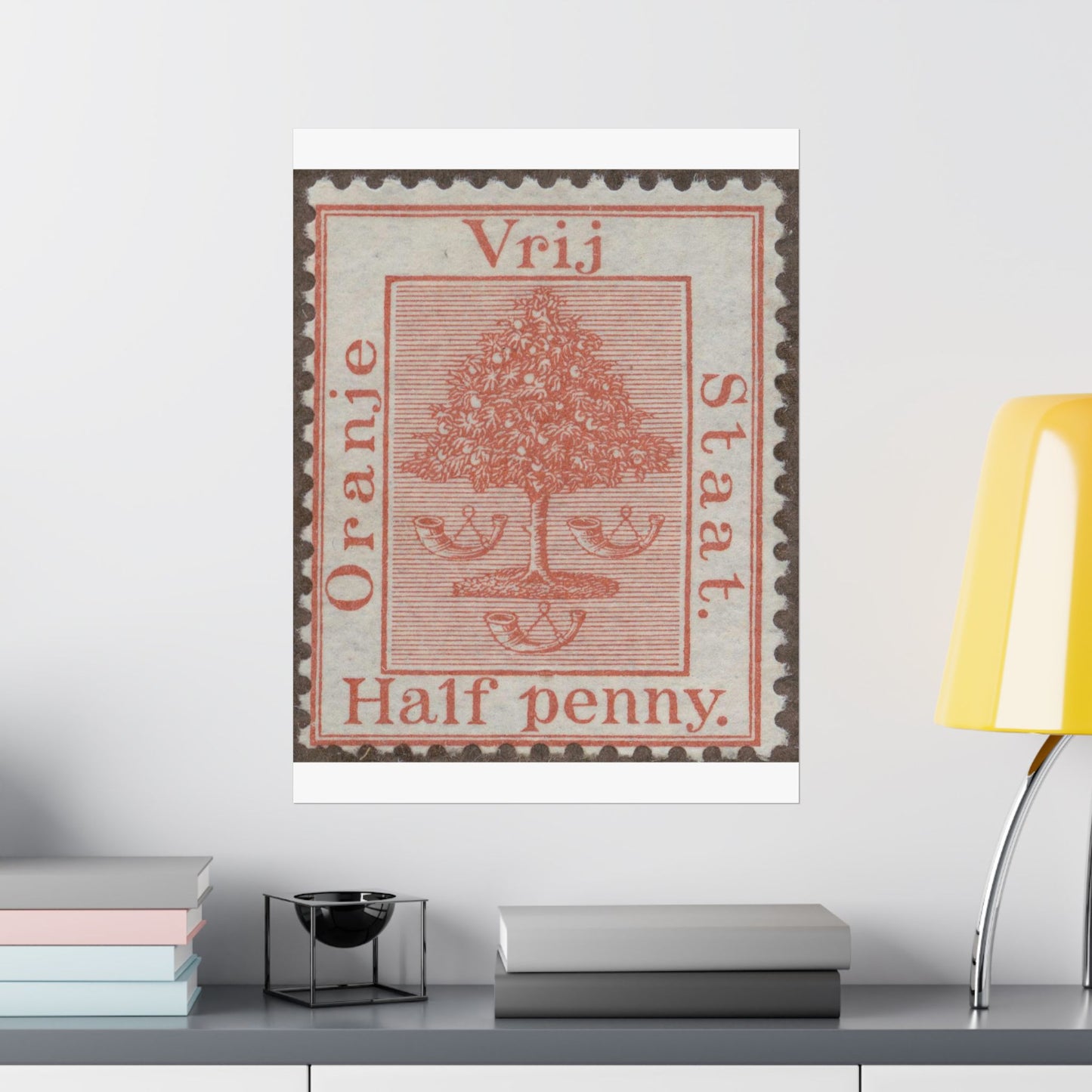 Frimärke ur Gösta Bodmans filatelistiska motivsamling, påbörjad 1950.Frimärke från Oranje -Fristaten. Motiv av apelsinträd med frukter och posthorn. High Quality Matte Wall Art Poster for Home, Office, Classroom