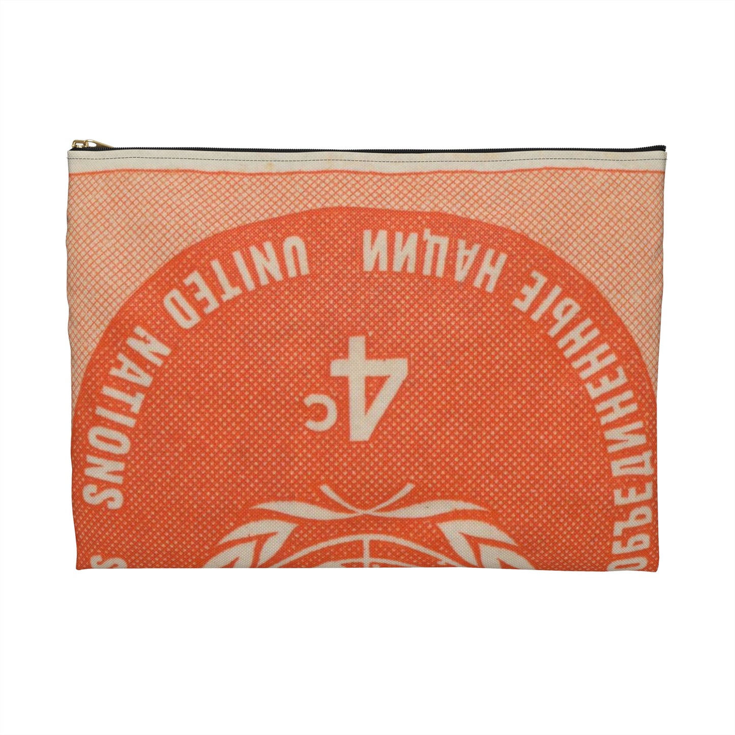 Frimärke ur Gösta Bodmans filatelistiska motivsamling, påbörjad 1950.Frimärke från Nations Unies 1958. Motiv av F. N.- märket. Large Organizer Pouch with Black Zipper
