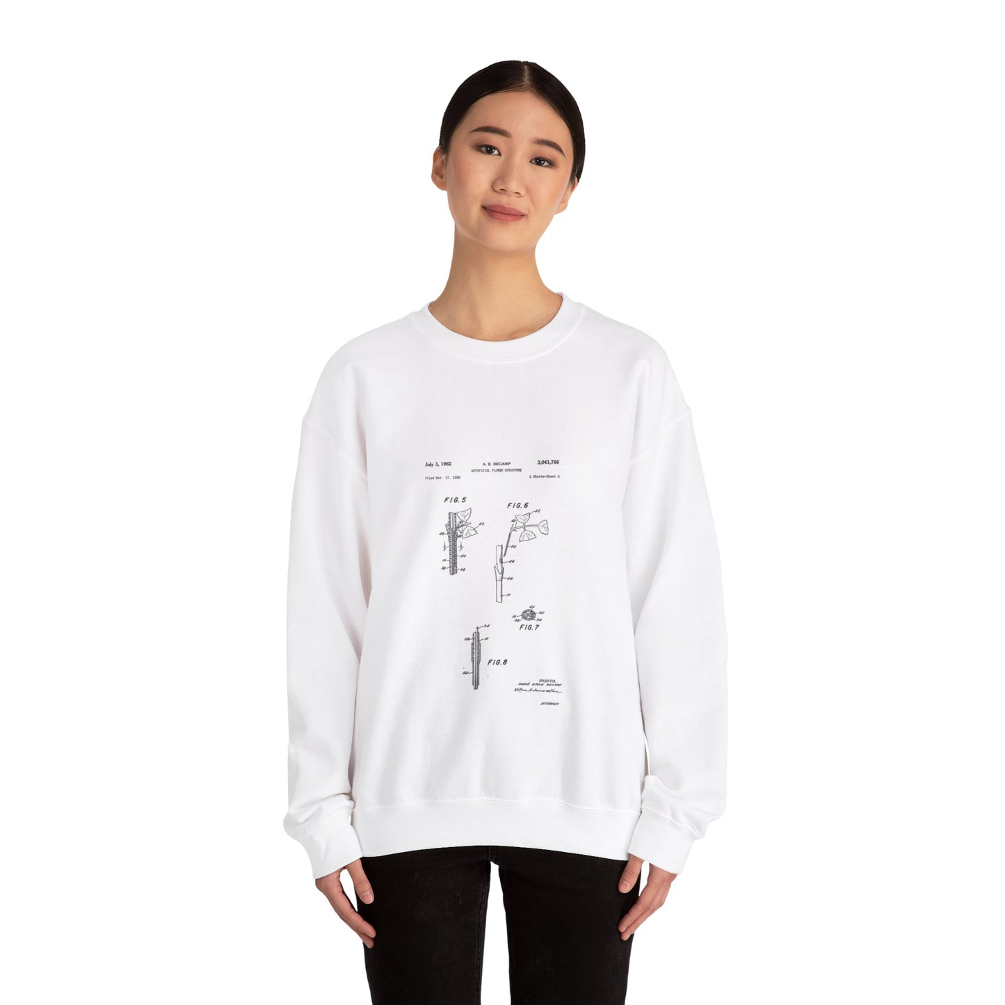 Patent Case File No. 3,041,766, Artificial Flower Structure, Inventor- Andre Emile Decamp. - DPLA - 5b42c14167aa06231801b6160e85e41a (page 8) White Heavy Blend Adult Crew Neck SweatShirt