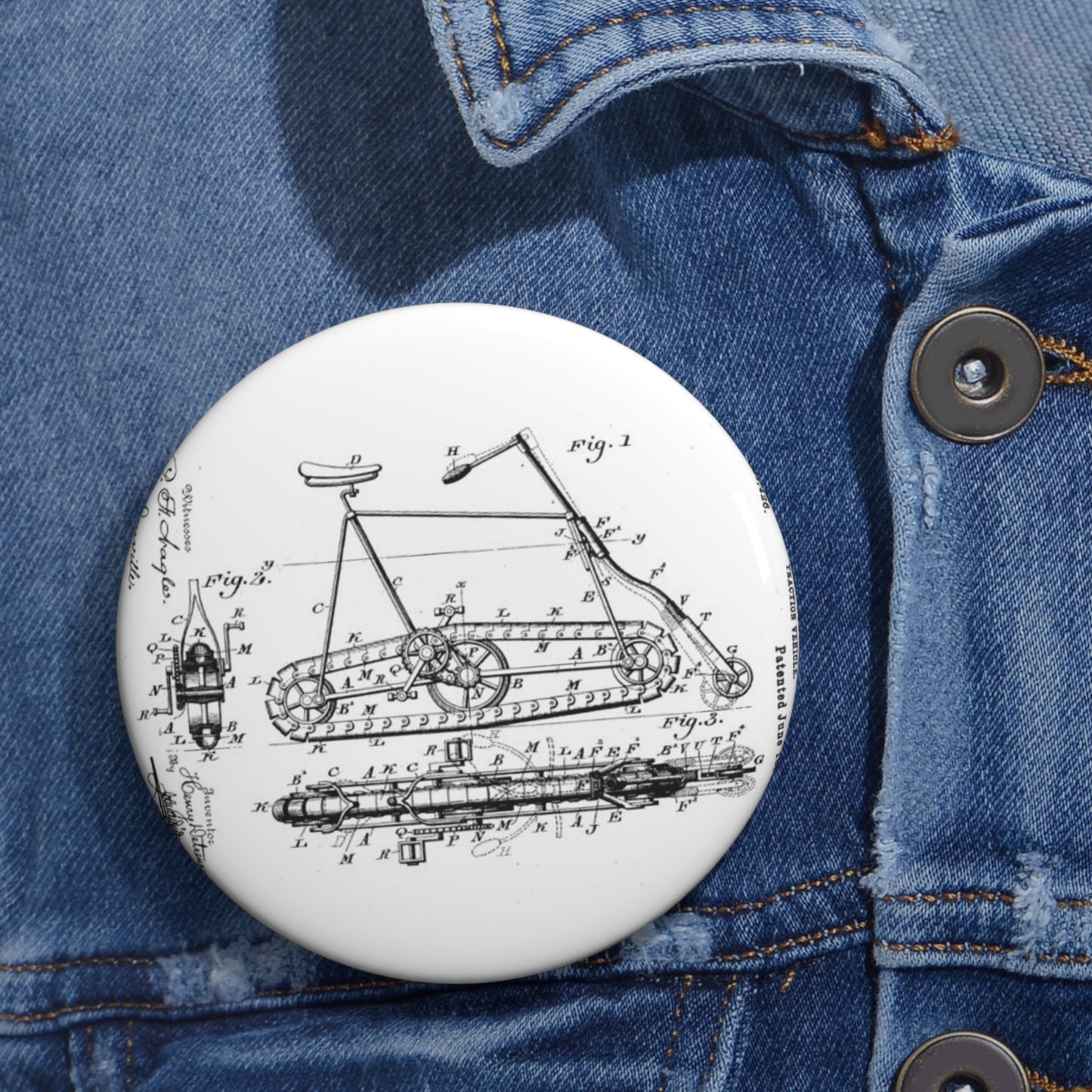 Patent drawing - Traction "Vehicle" (Bicycle Patent, 1895) Public domain image Pin Buttons with Crisp Design