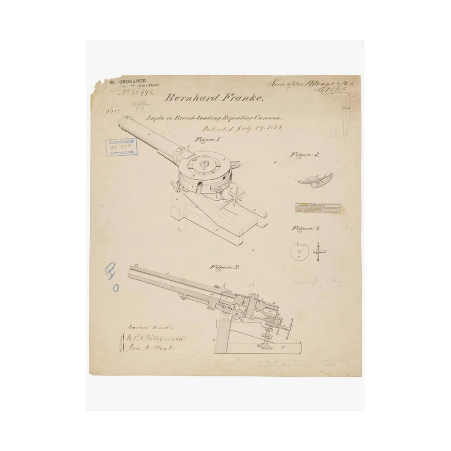 Patent drawing - Drawing of Improvements in Breech-Loading Repeating Cannon Public domain image High Quality Matte Wall Art Poster for Home, Office, Classroom