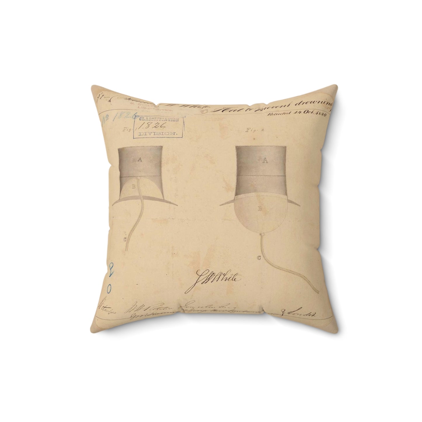 Patent drawing - Drawing of Hat to Prevent Drowning Public domain image Decorative Accent Square Pillow