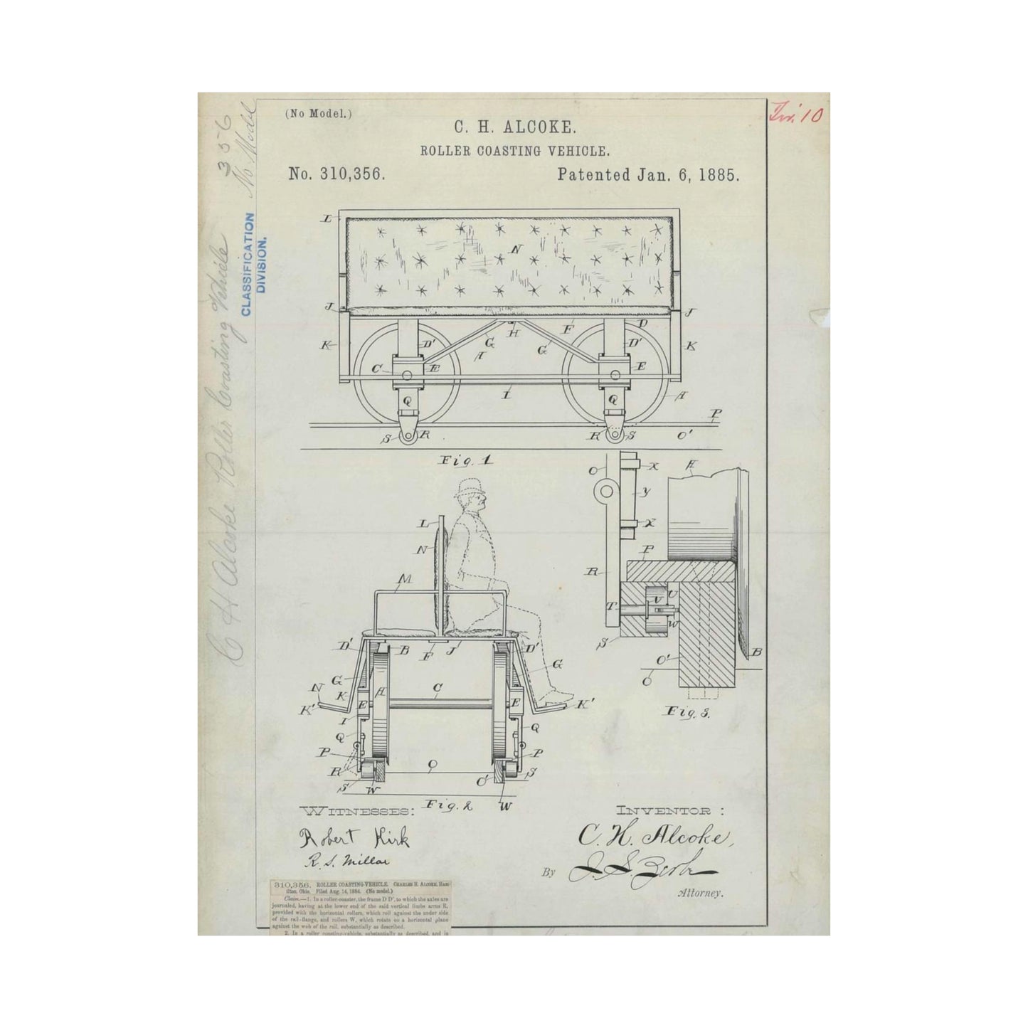 Patent Drawing of Engine - for C. H. Alcoke's Roller Coasting Vehicle Public domain image High Quality Matte Wall Art Poster for Home, Office, Classroom