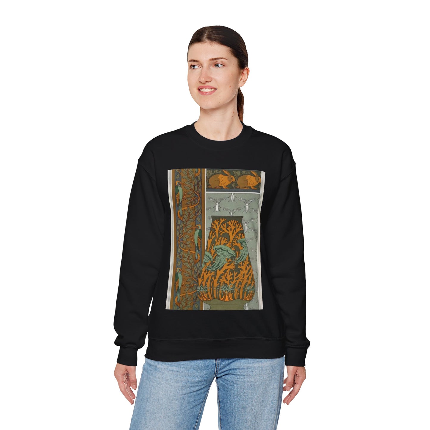 Piverts et arbre, bordure verticale. Lapins et feuilles, bordure. Méduses, anémones de mer et algues, vase. Insectes, jeu de fond. Black Heavy Blend Adult Crew Neck SweatShirt