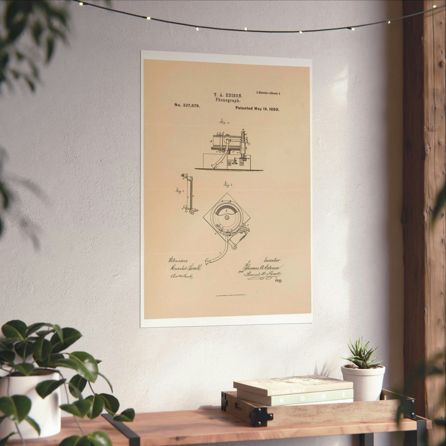 Patent Drawing of Engine - Drawing for a Phonograph Public domain image High Quality Matte Wall Art Poster for Home, Office, Classroom