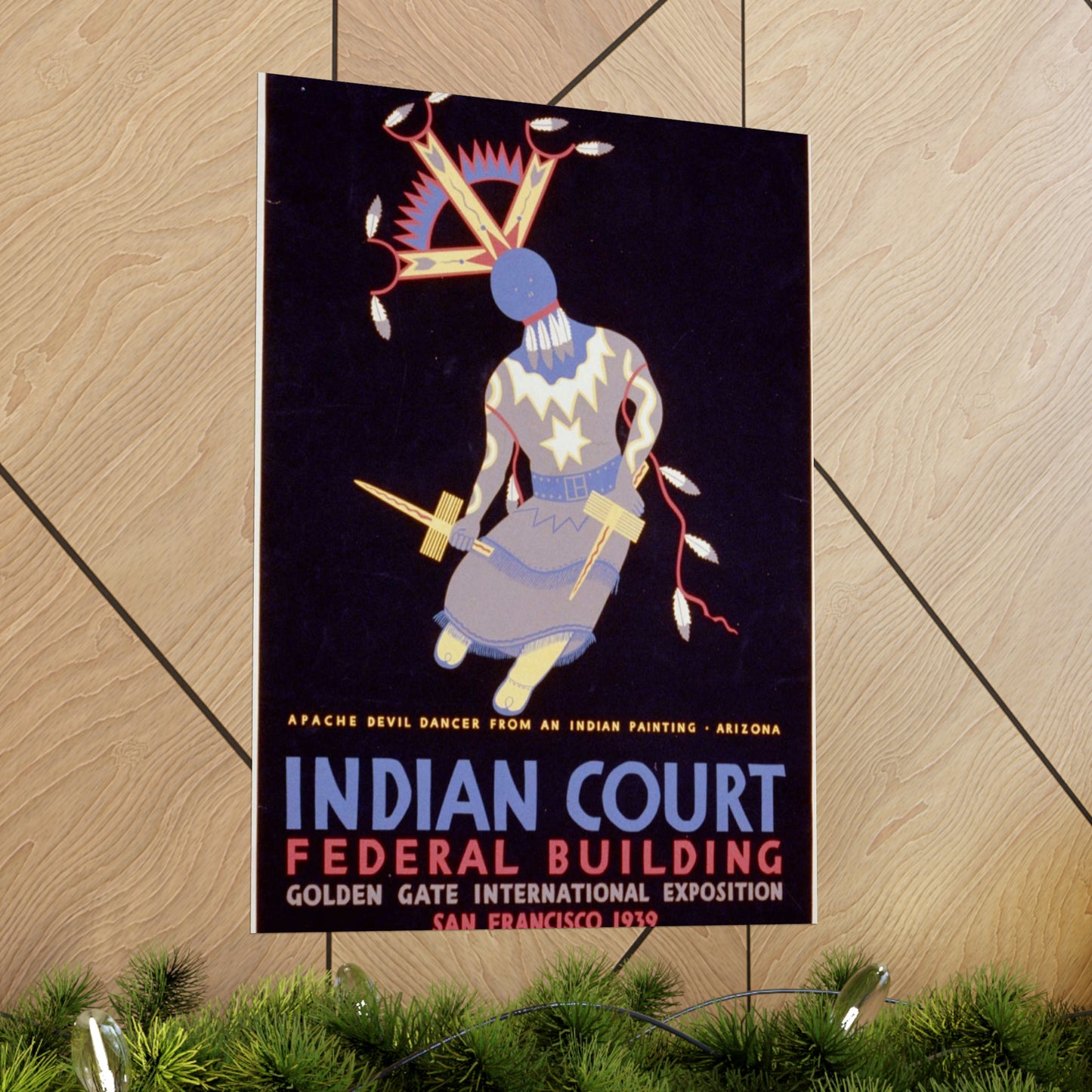 Indian court, Federal Building, Golden Gate International Exposition, San Francisco, 1939 Apache devil dancer from an Indian painting, Arizona / / Siegriest. High Quality Matte Wall Art Poster for Home, Office, Classroom