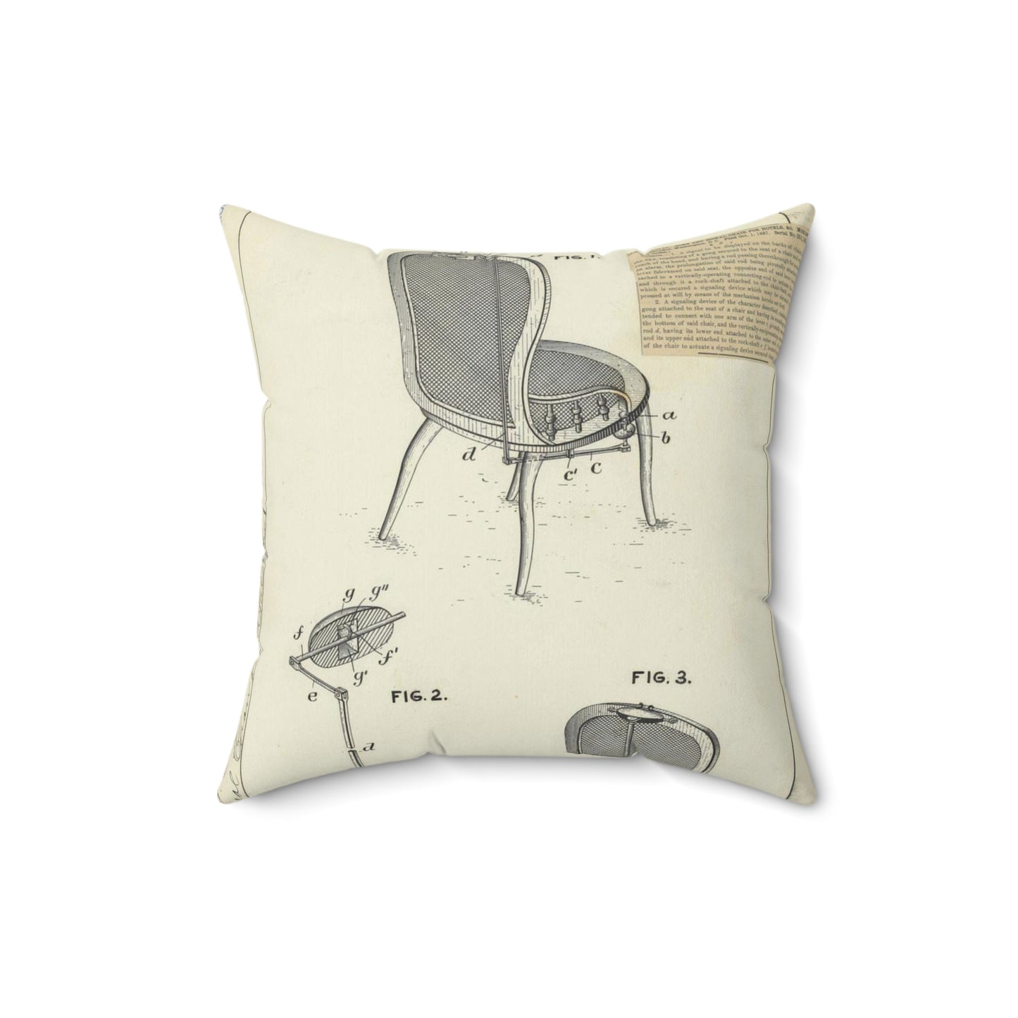 Patent drawing - for M. E. Benjamin's Gong and Signal Chair for Hotels Public domain image Decorative Accent Square Pillow