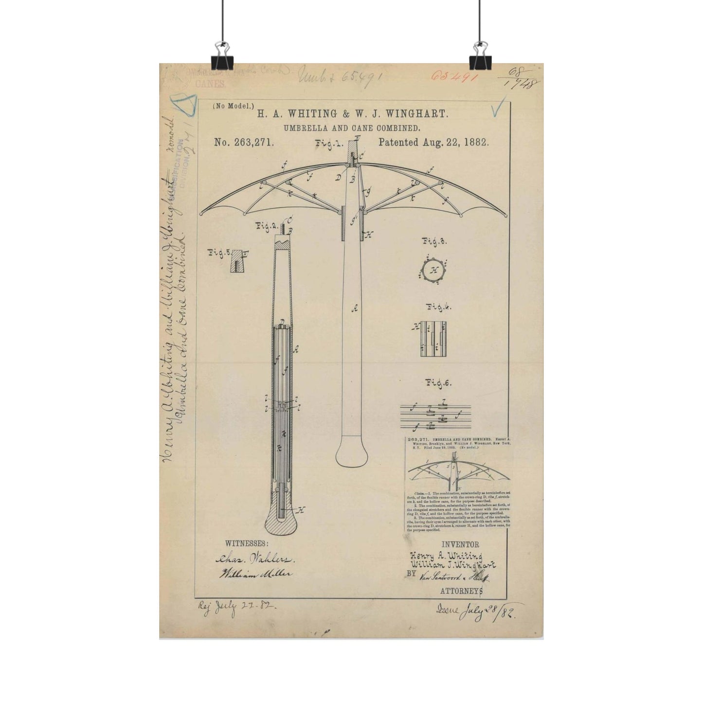 Patent drawing - for H. A. Whiting and W. J. Winghart's Umbrella and Cane Combined Public domain image High Quality Matte Wall Art Poster for Home, Office, Classroom
