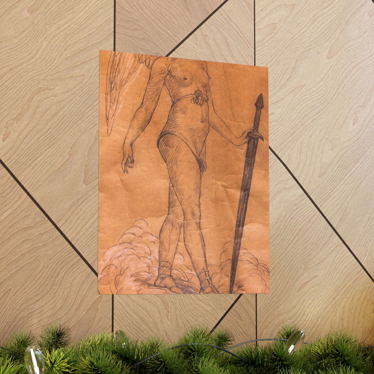 A drawing of an angel holding a sword. Woman breasts sword, beauty fashion. High Quality Matte Wall Art Poster for Home, Office, Classroom