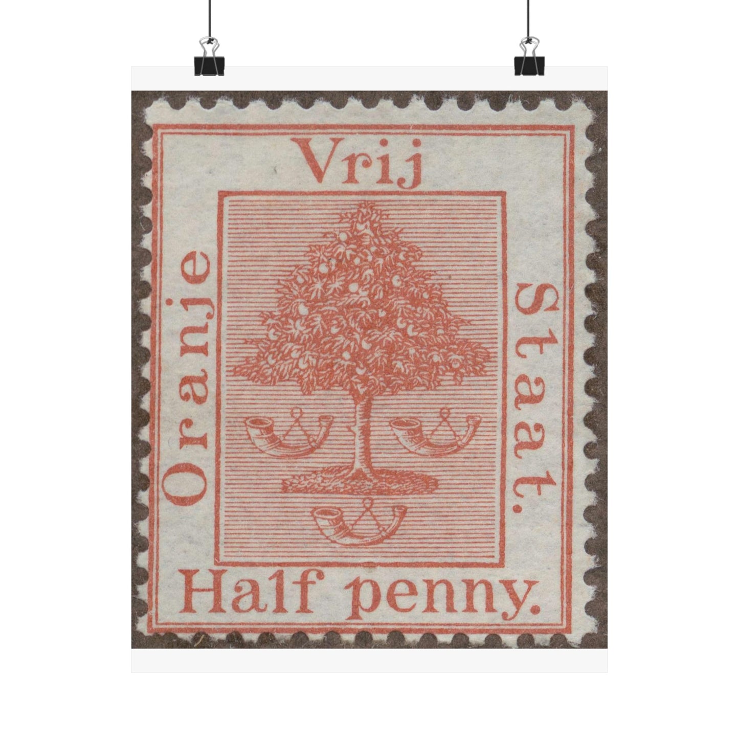 Frimärke ur Gösta Bodmans filatelistiska motivsamling, påbörjad 1950.Frimärke från Oranje -Fristaten. Motiv av apelsinträd med frukter och posthorn. High Quality Matte Wall Art Poster for Home, Office, Classroom