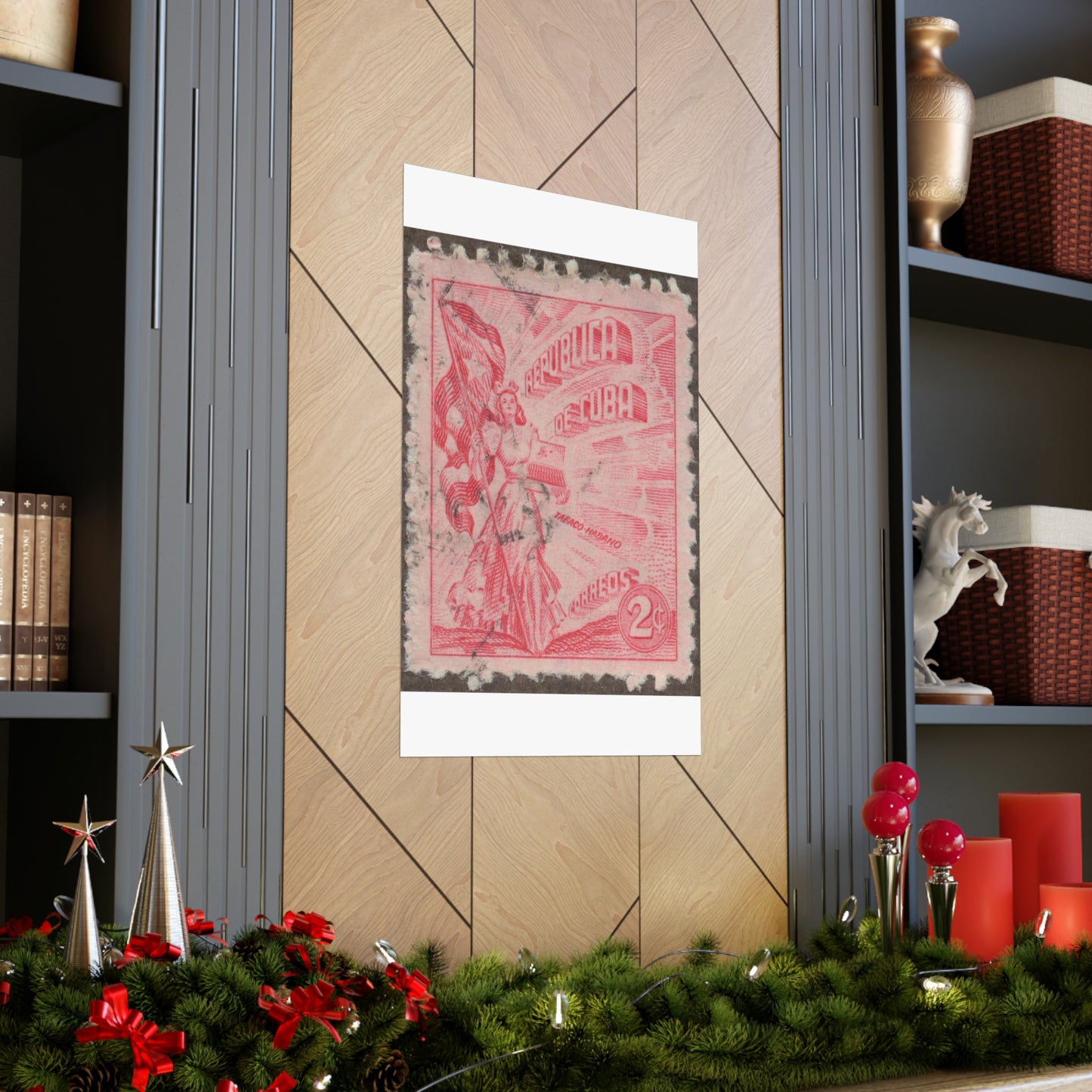 Frimärke ur Gösta Bodmans filatelistiska motivsamling, påbörjad 1950.Frimärke från Cuba, 1948. Motiv av kvinnosymbol för friheten med cigrarrlåda och flagga. High Quality Matte Wall Art Poster for Home, Office, Classroom