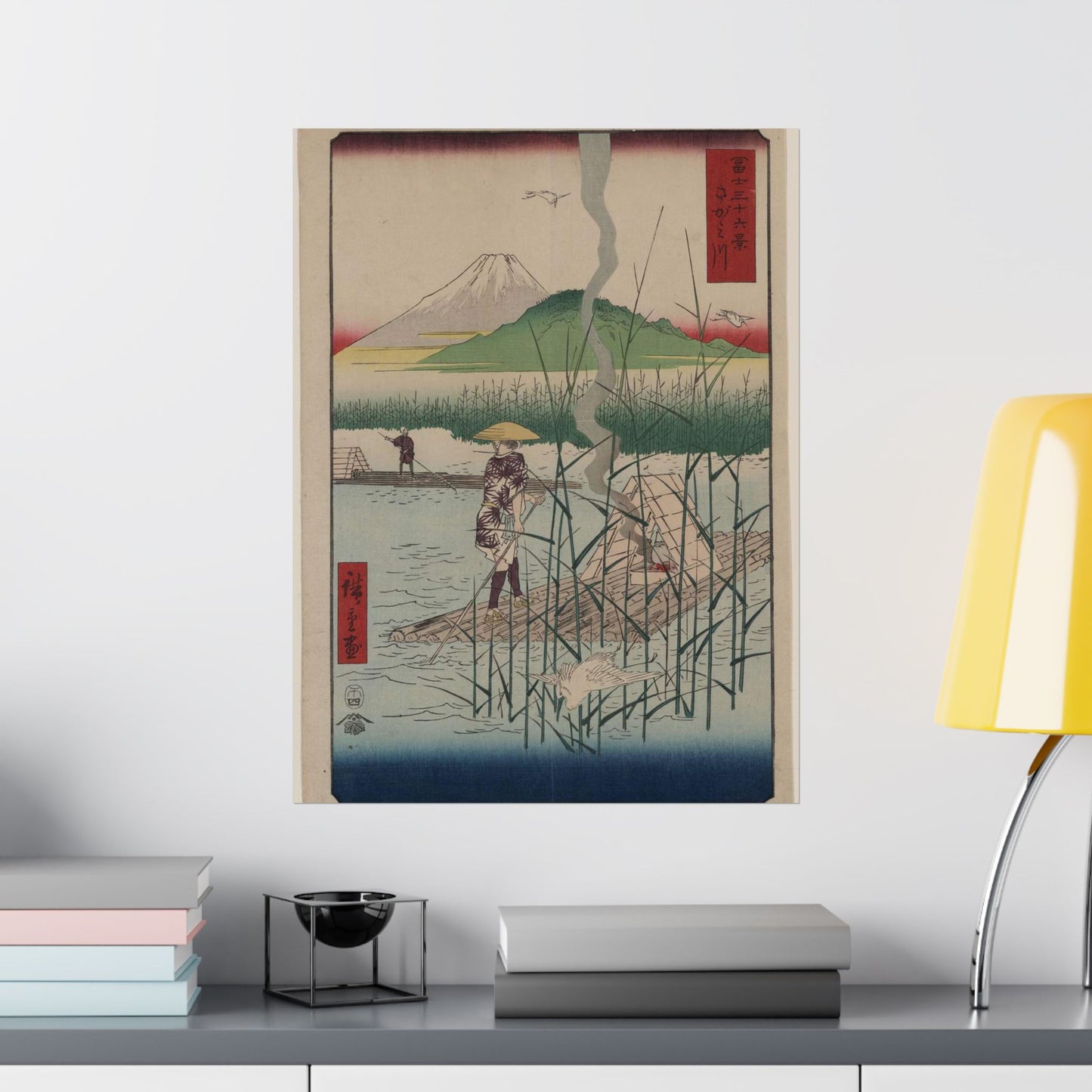 18 - The Sagami River - A painting of a man standing on a boat in a body of water High Quality Matte Wall Art Poster for Home, Office, Classroom
