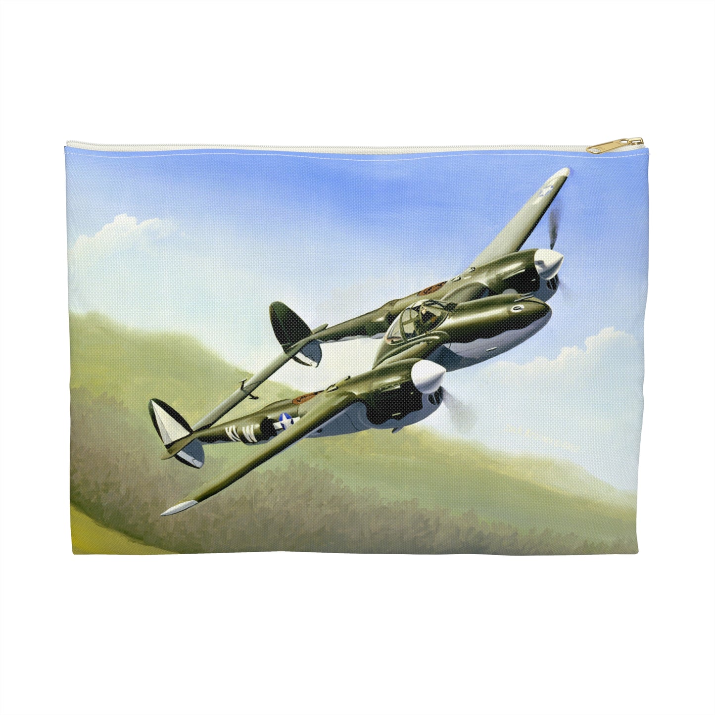 Artwork: "P-38 Lightning Artist: Dick Kramer (US Air Force Art Collection) Large Organizer Pouch with Black Zipper