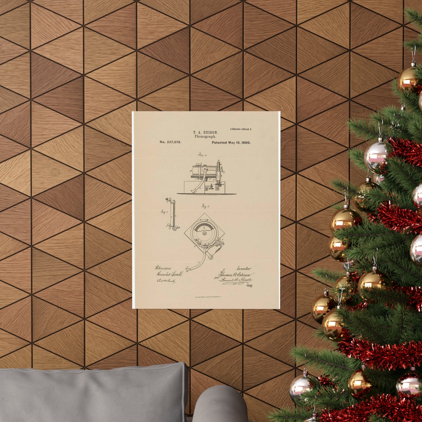 Patent Drawing of Engine - Drawing for a Phonograph Public domain image High Quality Matte Wall Art Poster for Home, Office, Classroom