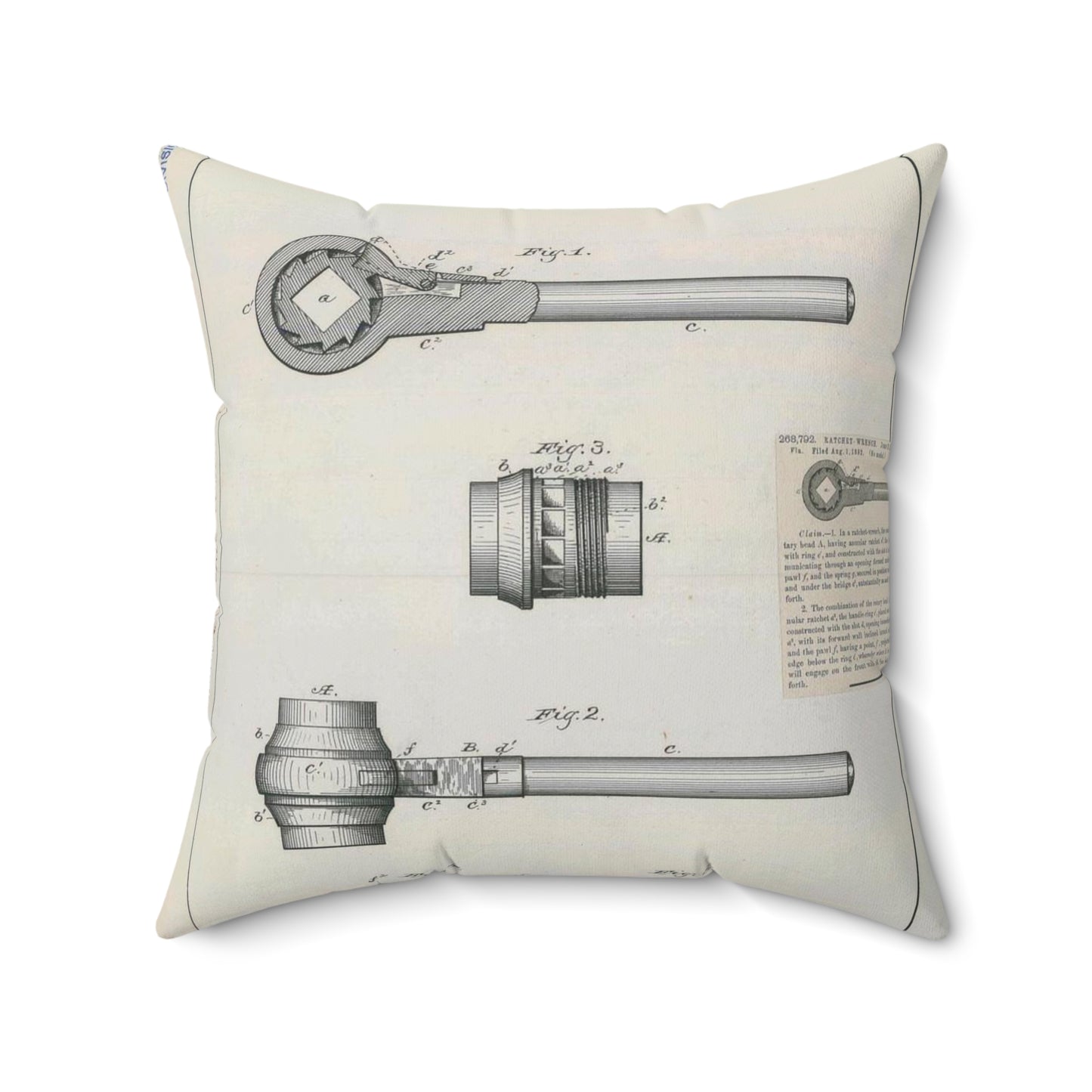 Patent Drawing of Engine - for J. B. Halbert's Ratchet Wrench Public domain image Decorative Accent Square Pillow