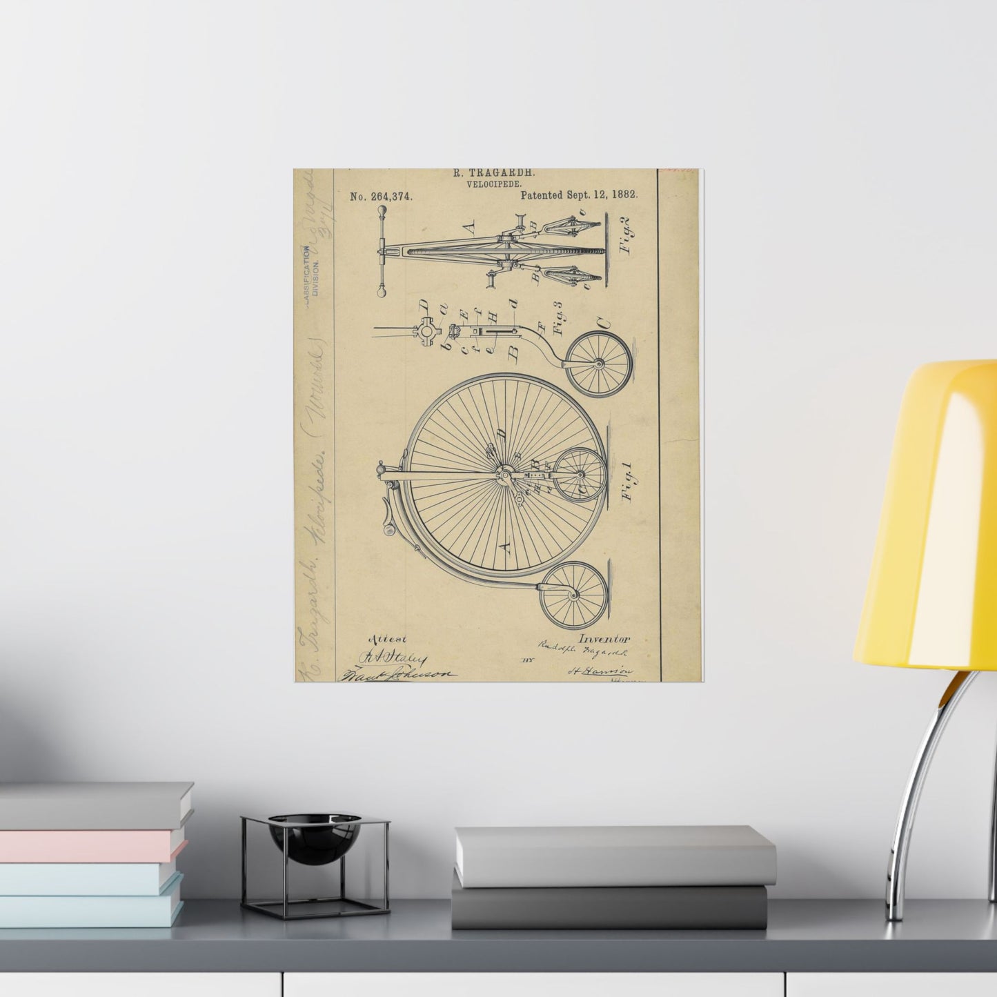 Patent drawing - Drawing of a Velocipede Public domain image High Quality Matte Wall Art Poster for Home, Office, Classroom