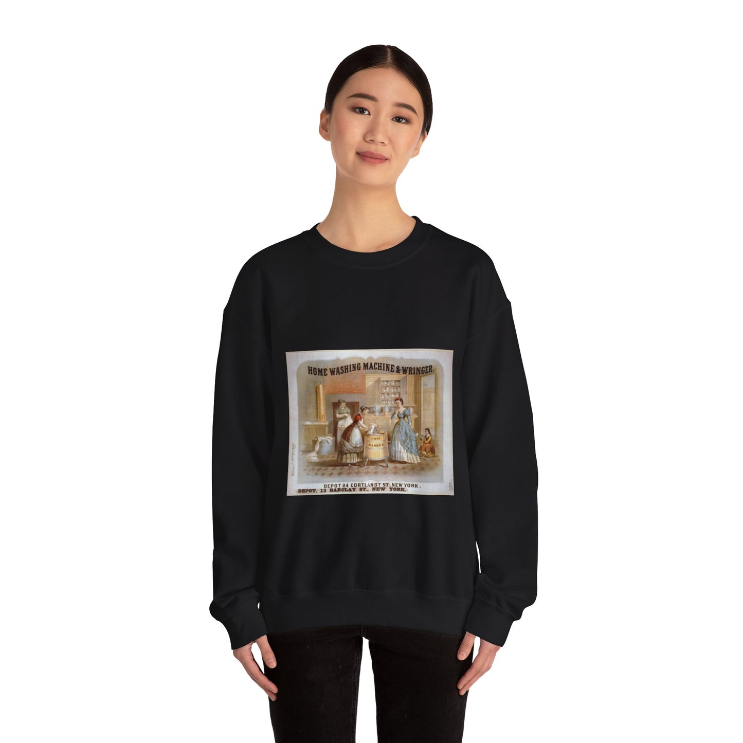 Home washing machine & wringer - A painting of a woman washing a child in a kitchen Black Heavy Blend Adult Crew Neck SweatShirt