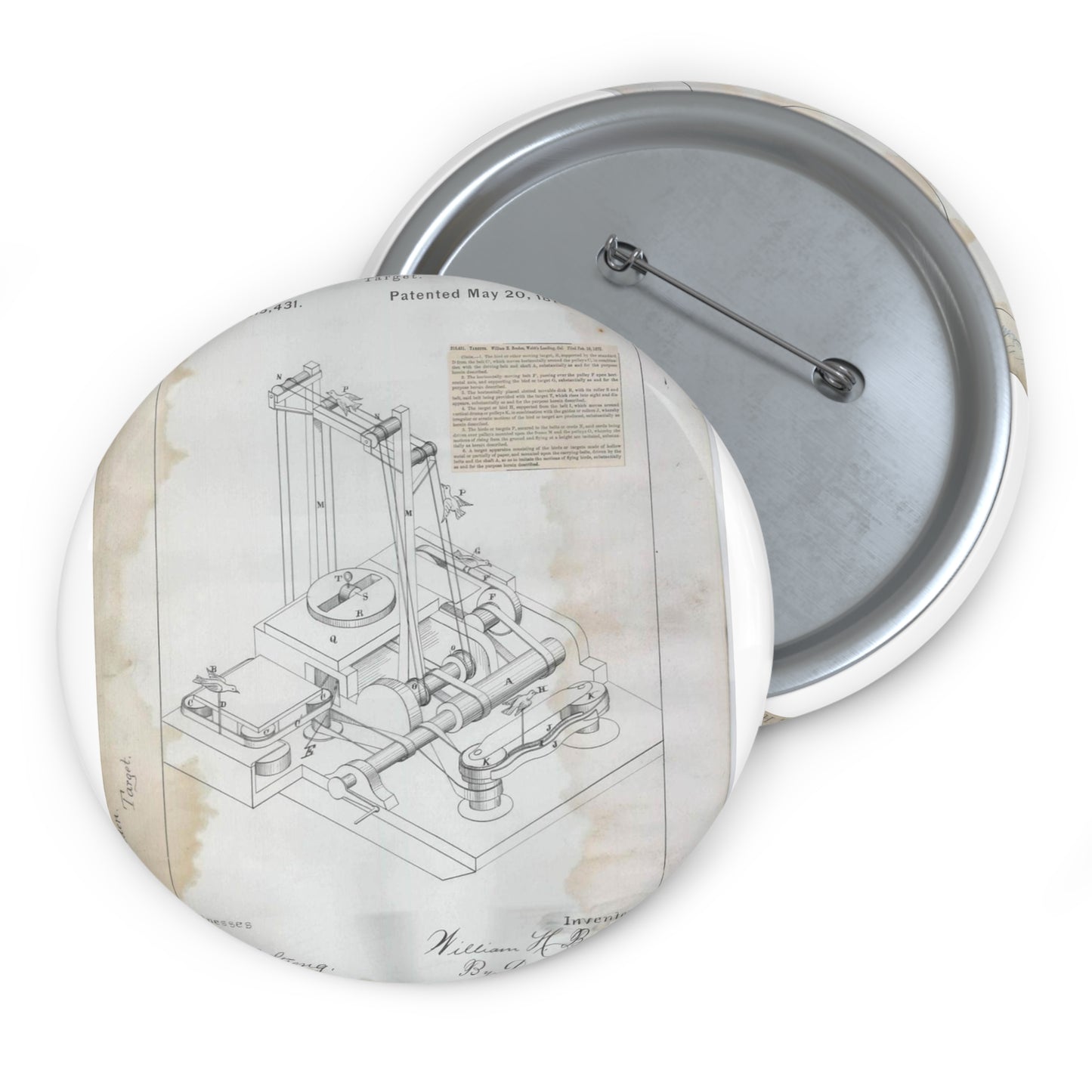 Patent drawing - for W. H. Broden's Target Public domain image Pin Buttons with Crisp Design