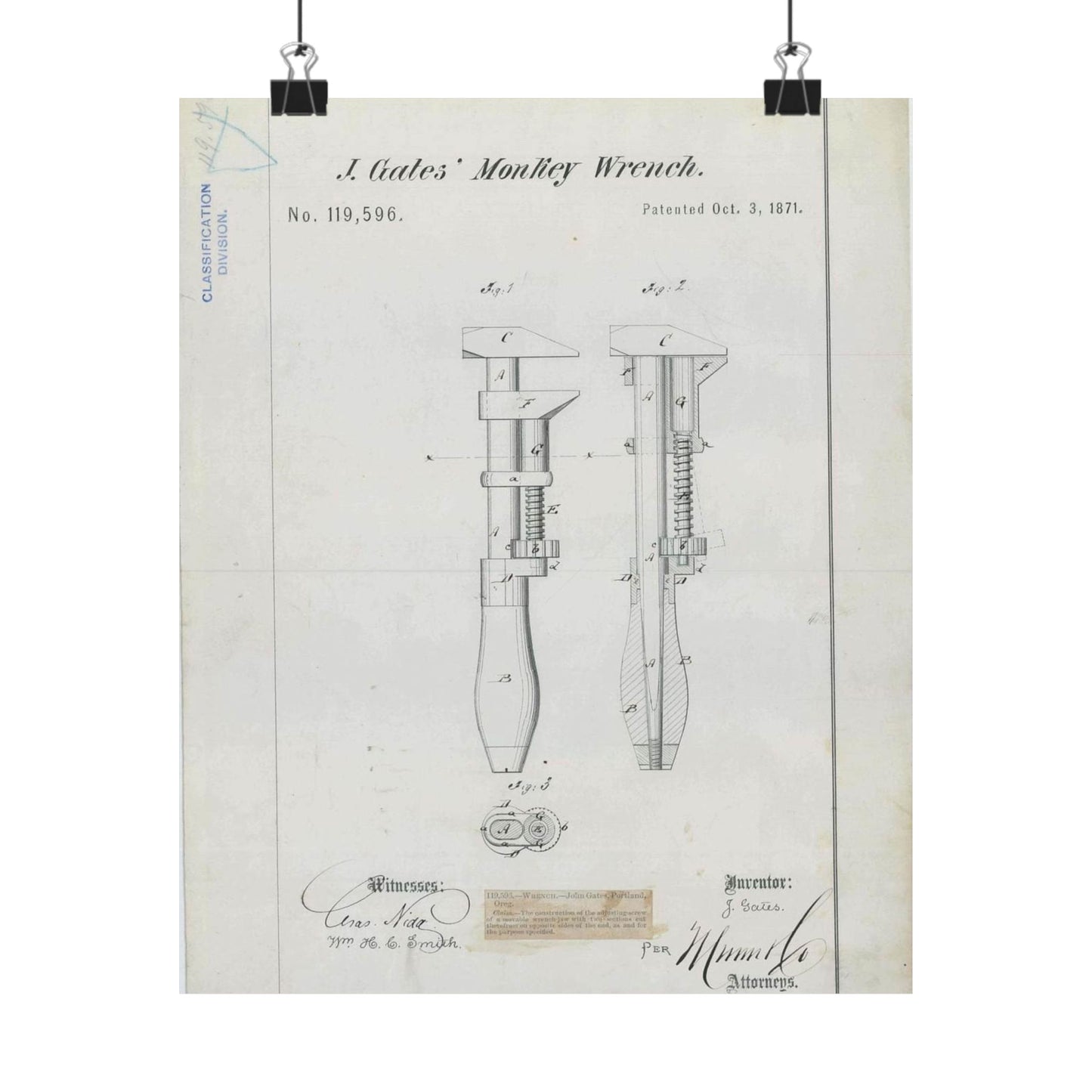 Patent Drawing of Engine - for J. Gates' Monkey Wrench Public domain image High Quality Matte Wall Art Poster for Home, Office, Classroom