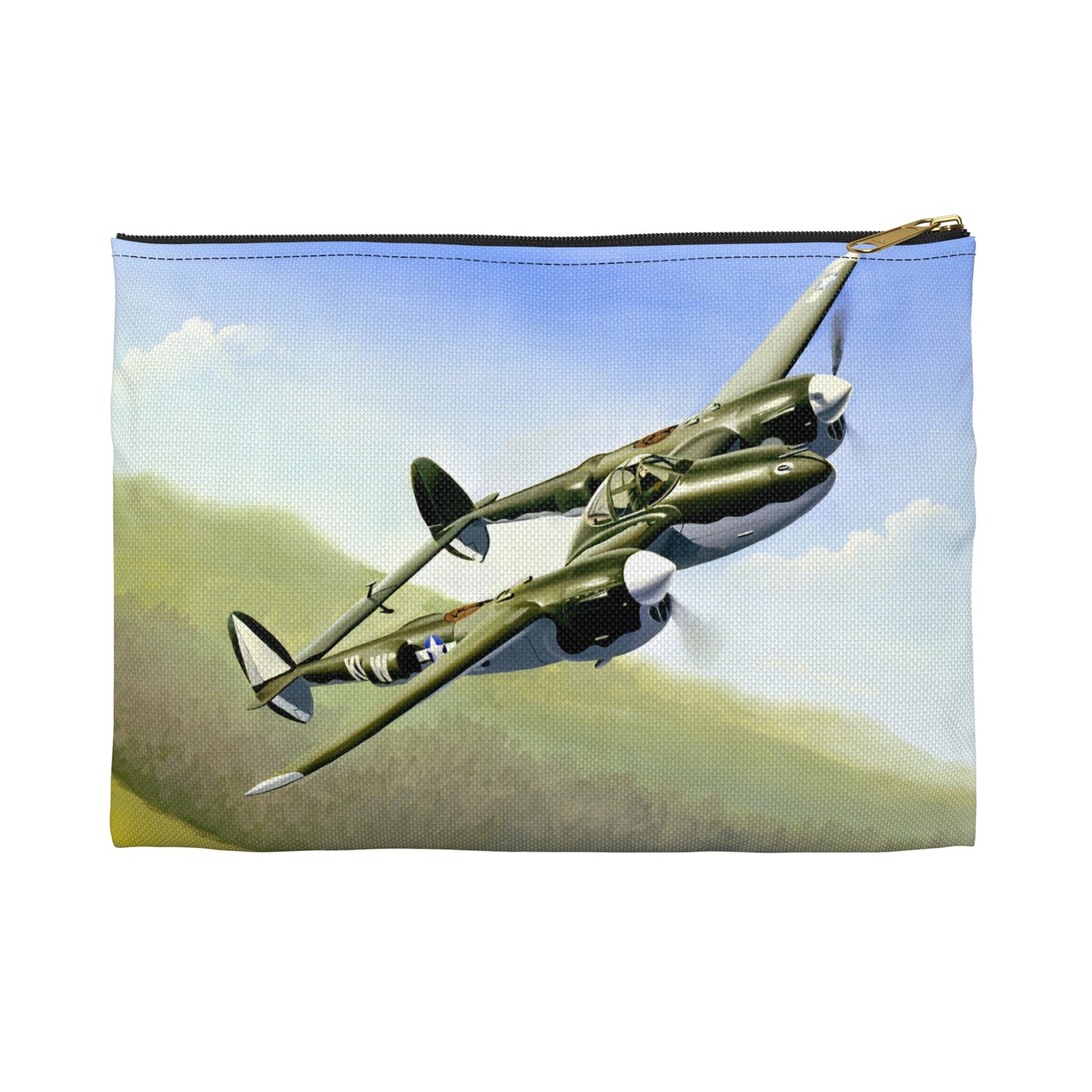 Artwork: "P-38 Lightning Artist: Dick Kramer (US Air Force Art Collection) Large Organizer Pouch with Black Zipper